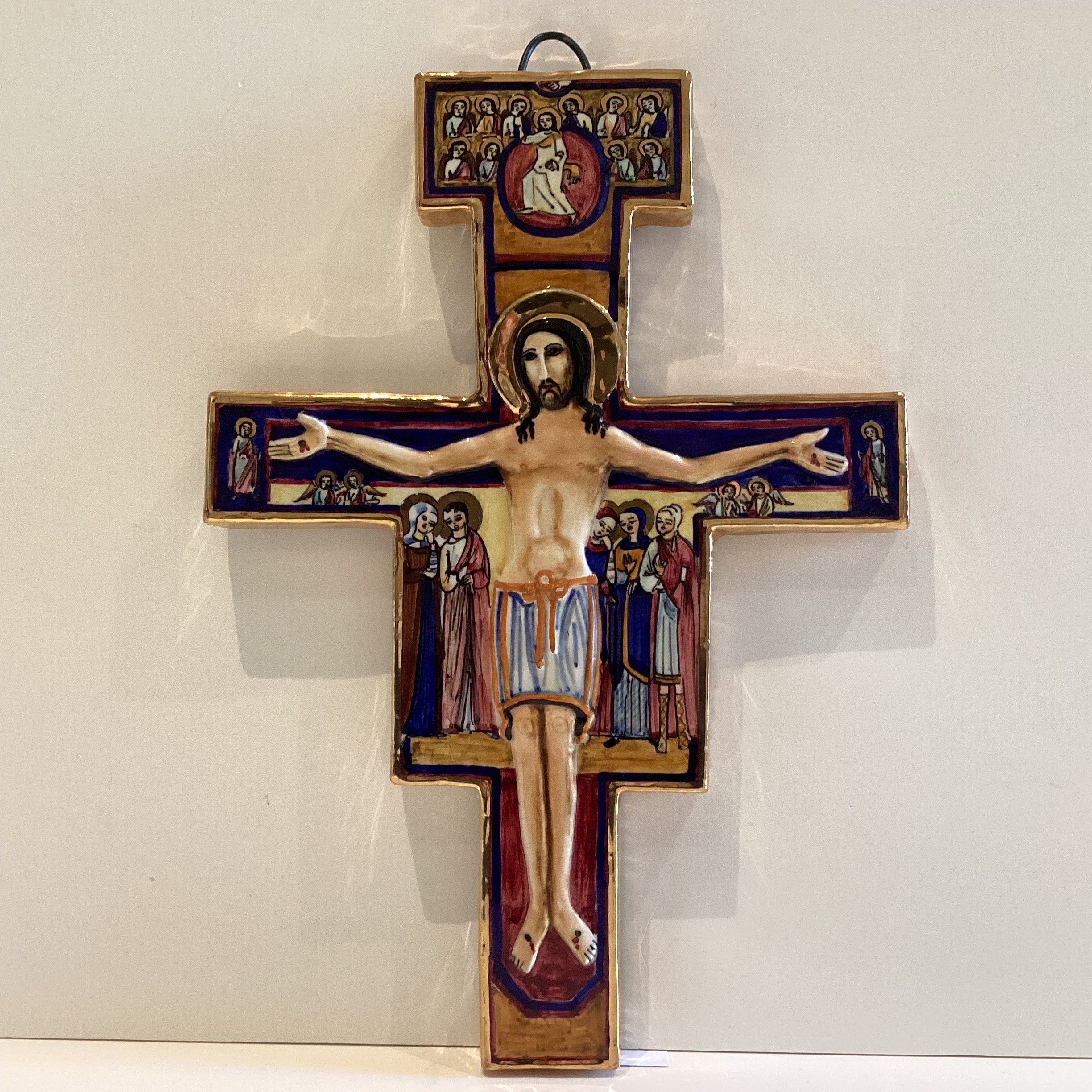 Ceramic Crucifix | 1950s Assisi Italy, San Damiano Handmade Cross Gold Painted Replica — photo 3 of 8
