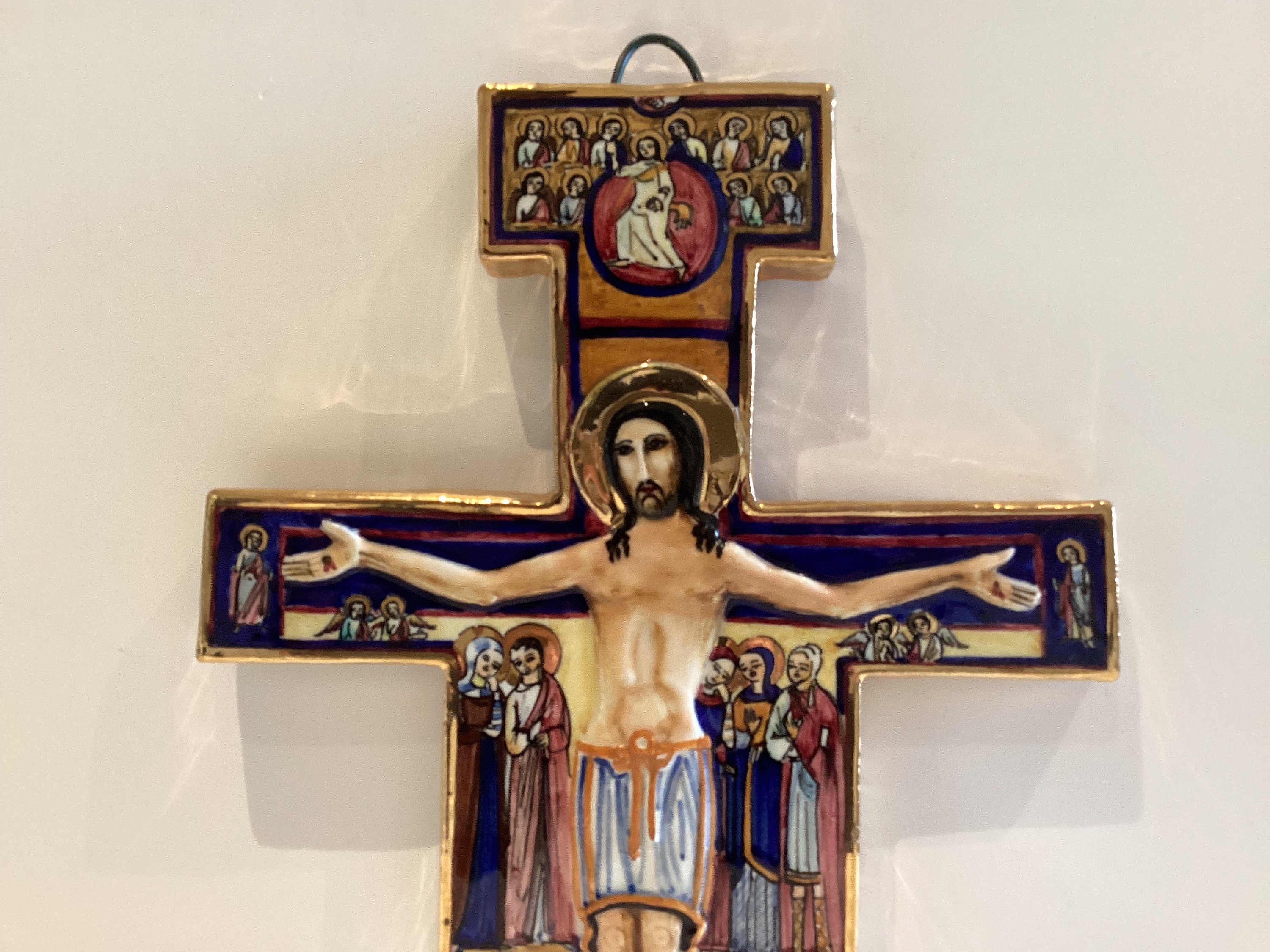 Ceramic Crucifix | 1950s Assisi Italy, San Damiano Handmade Cross Gold Painted Replica — photo 4 of 8