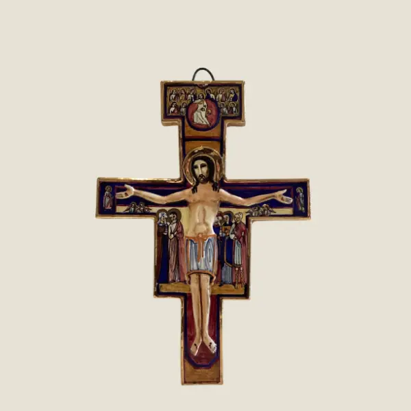 Ceramic Crucifix | 1950s Assisi Italy, San Damiano Handmade Cross Gold Painted Replica