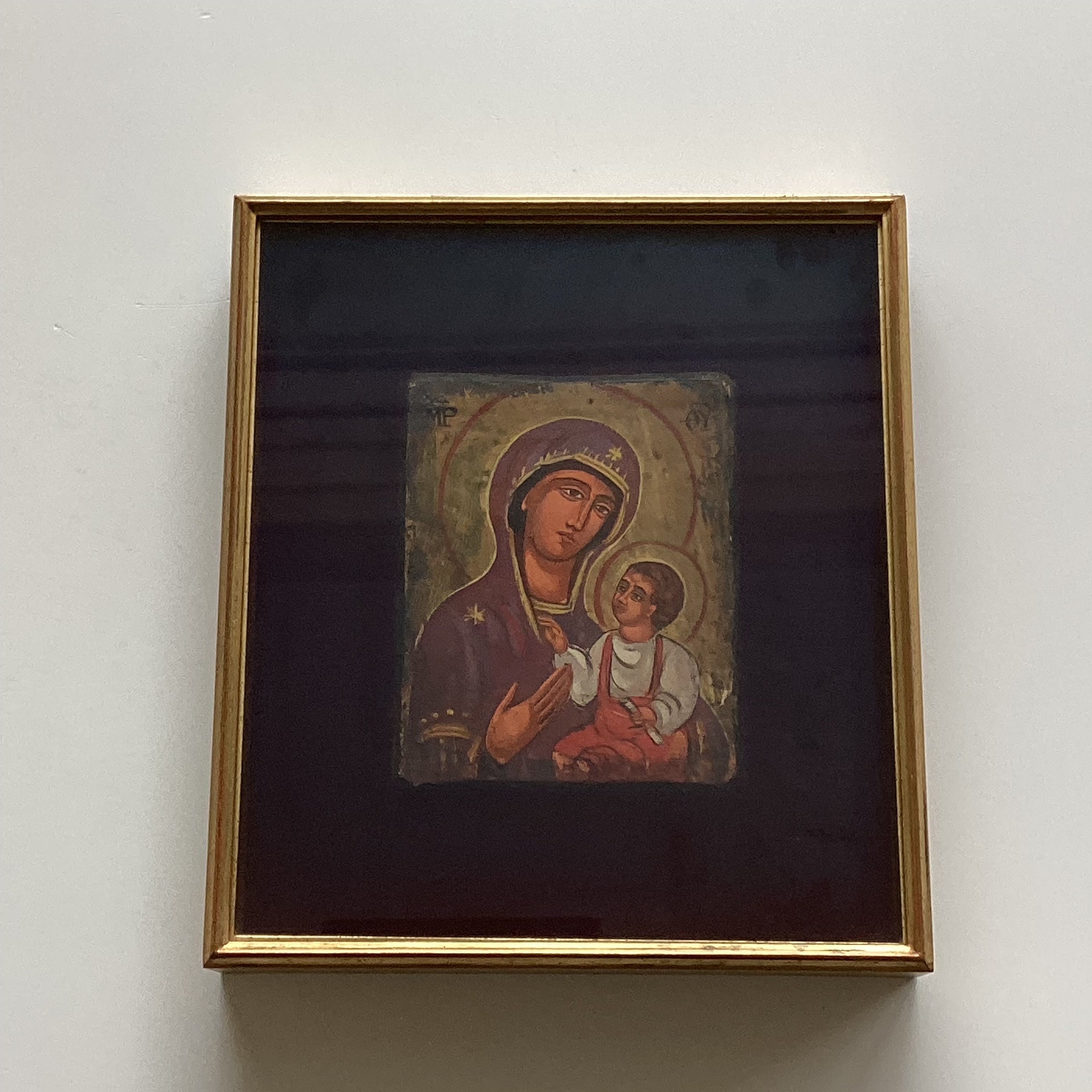 Vintage Orthodox Icon | 1960s Saint Mary with Child in Display Case, Hand Painted Tempera — photo 2 of 6