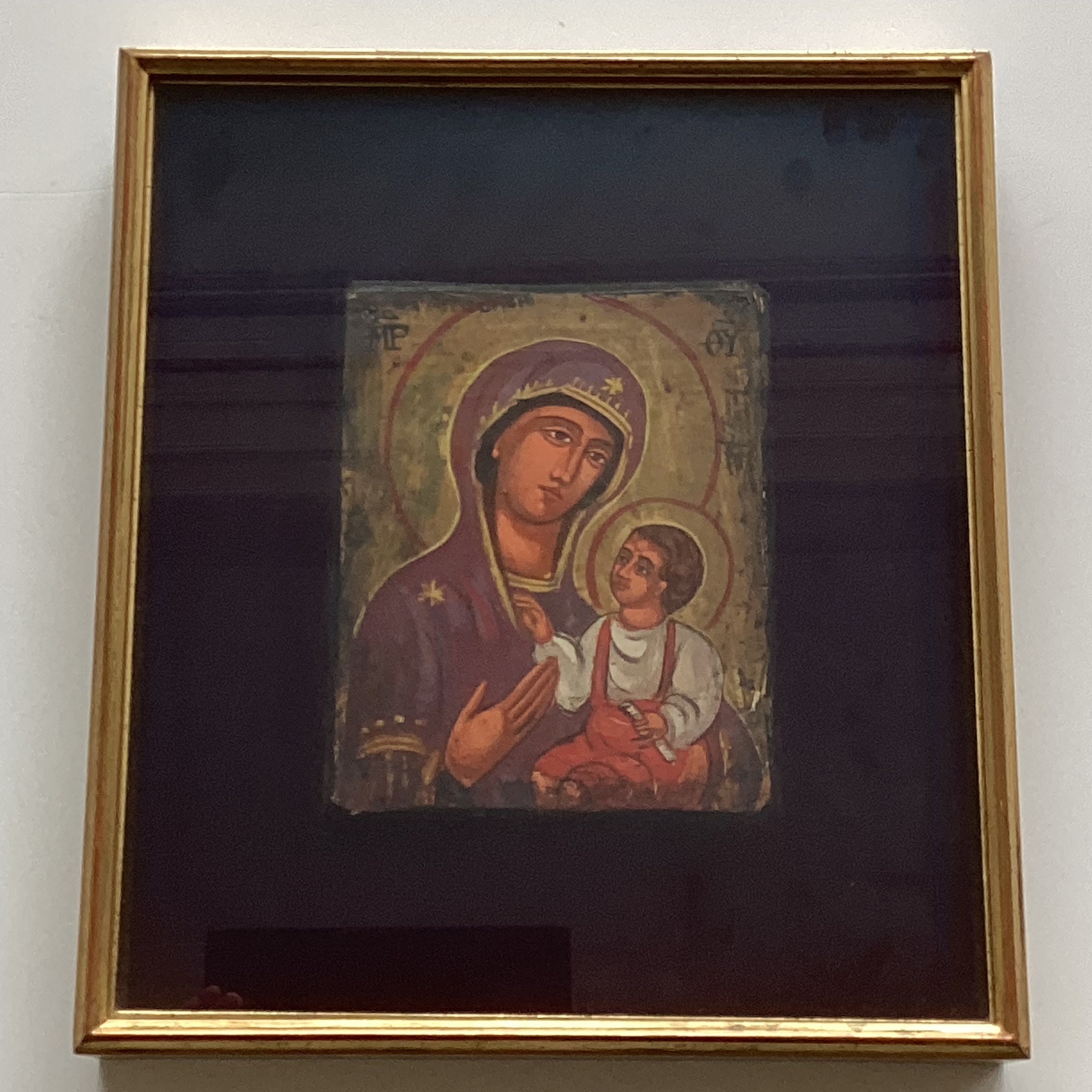 Vintage Orthodox Icon | 1960s Saint Mary with Child in Display Case, Hand Painted Tempera — photo 3 of 6