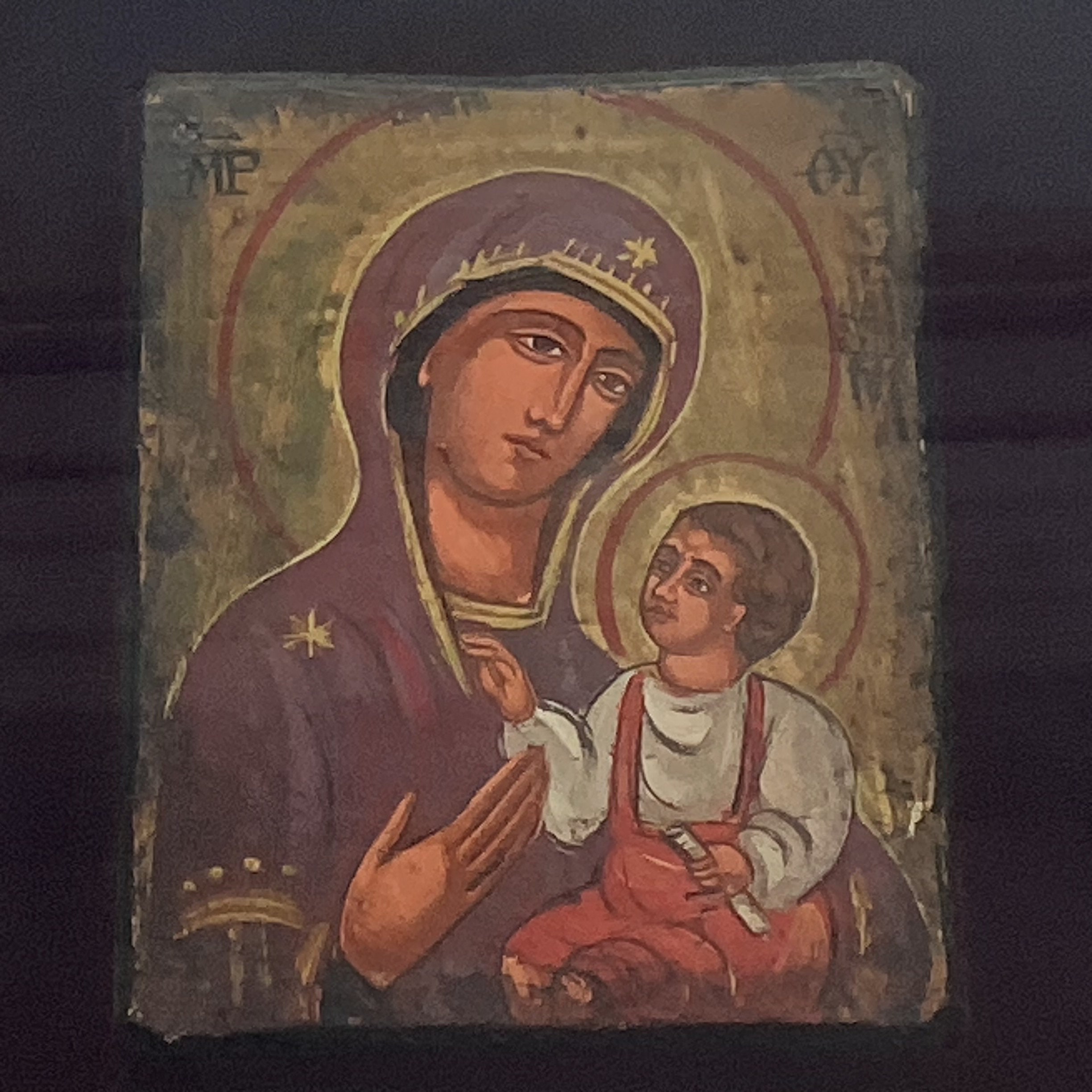 Vintage Orthodox Icon | 1960s Saint Mary with Child in Display Case, Hand Painted Tempera — photo 4 of 6