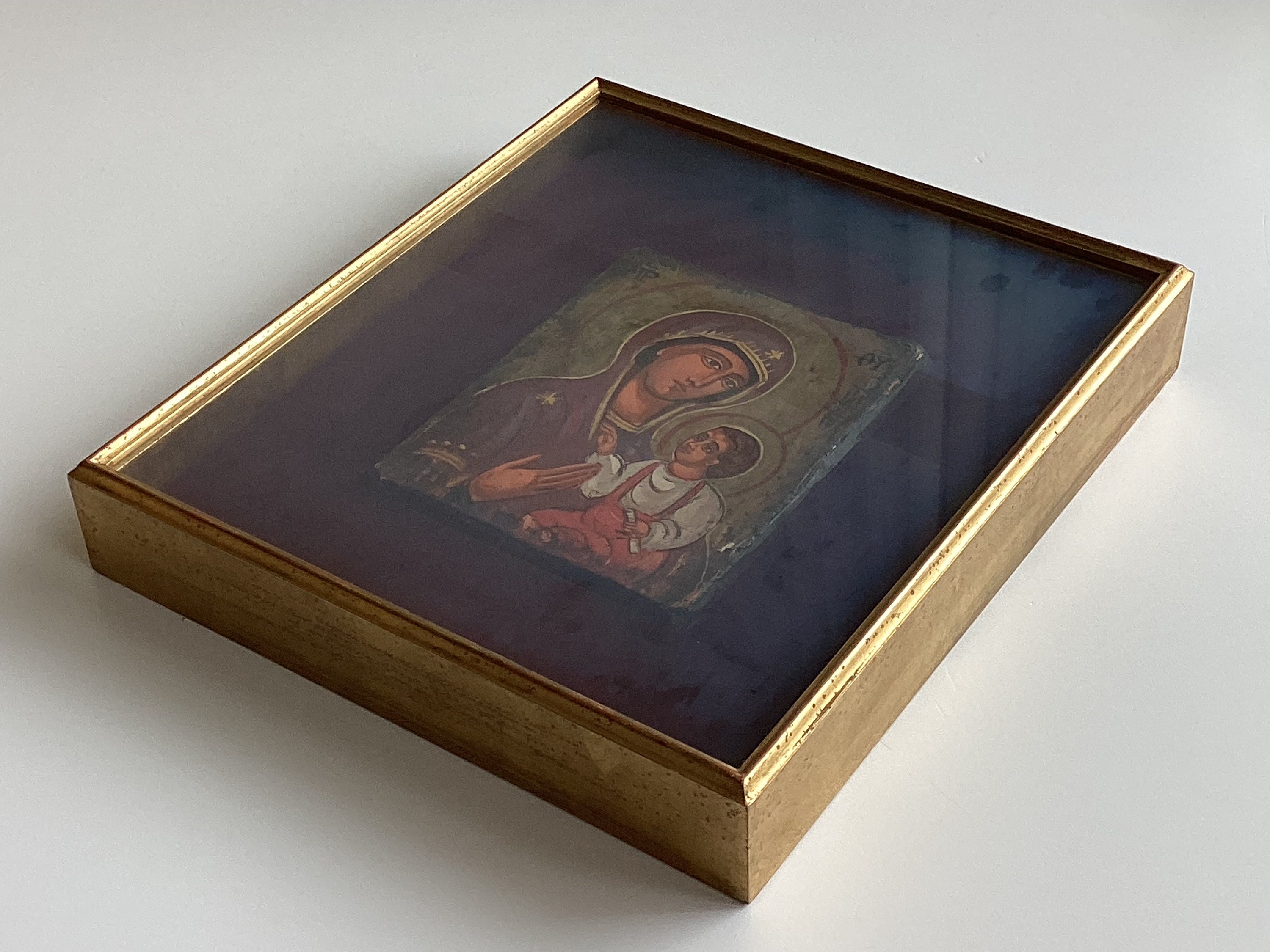Vintage Orthodox Icon | 1960s Saint Mary with Child in Display Case, Hand Painted Tempera — photo 5 of 6