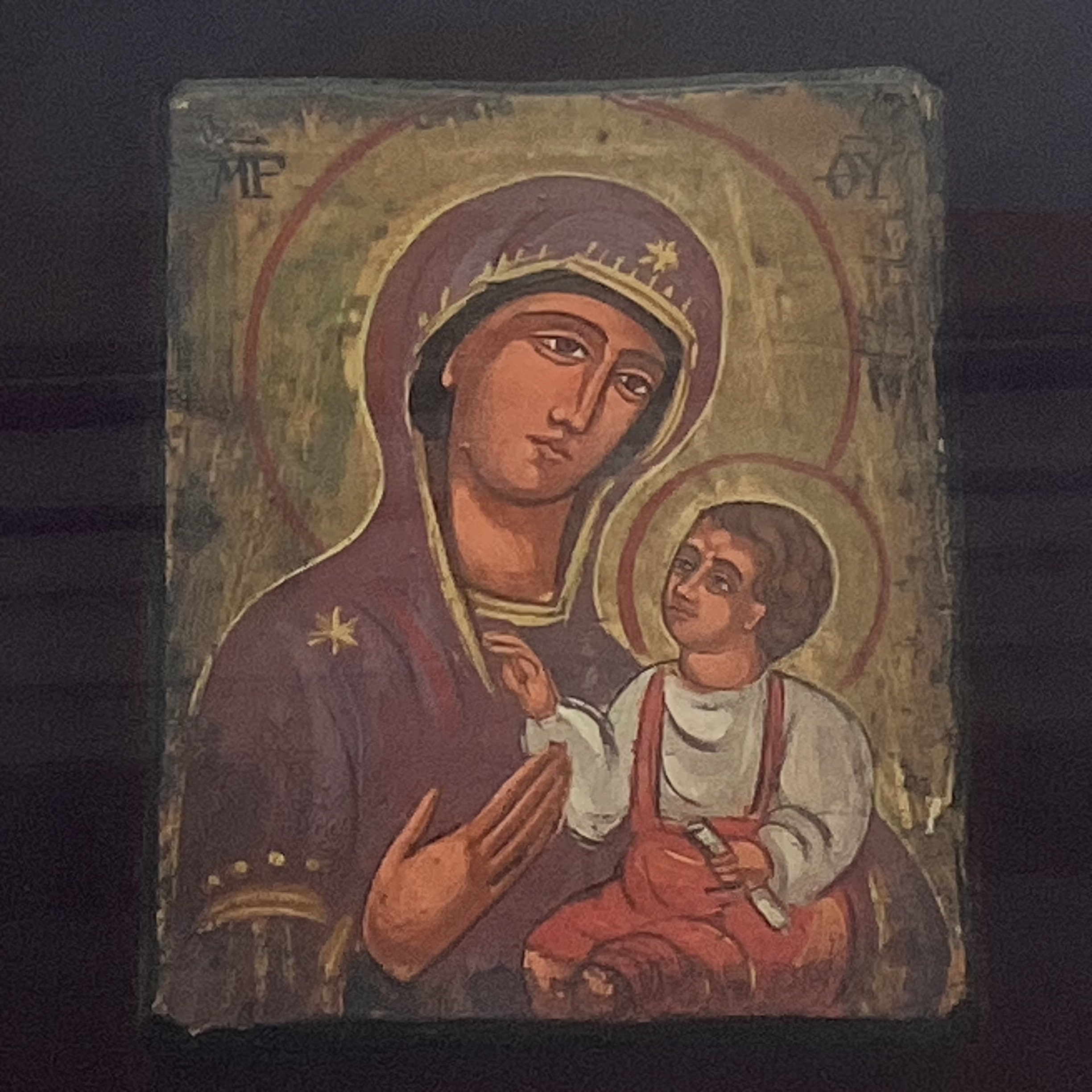 Vintage Orthodox Icon | 1960s Saint Mary with Child in Display Case, Hand Painted Tempera — photo 6 of 6
