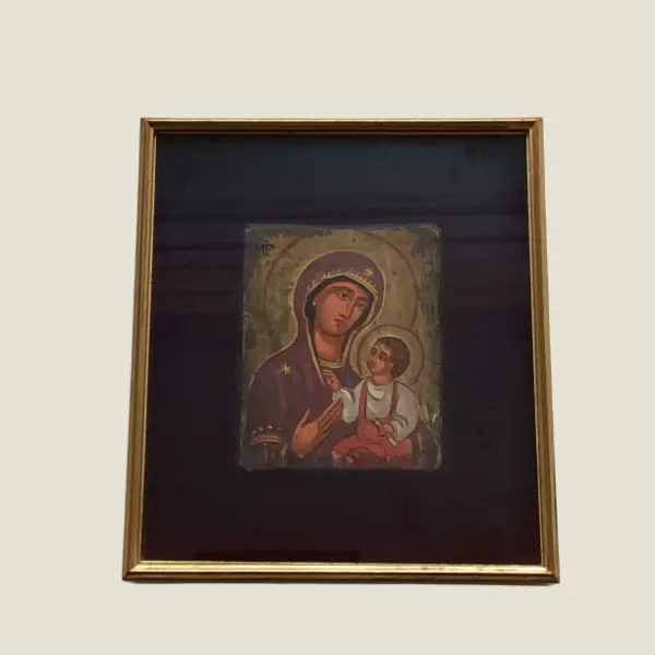 Vintage Orthodox Icon | 1960s Saint Mary with Child in Display Case, Hand Painted Tempera