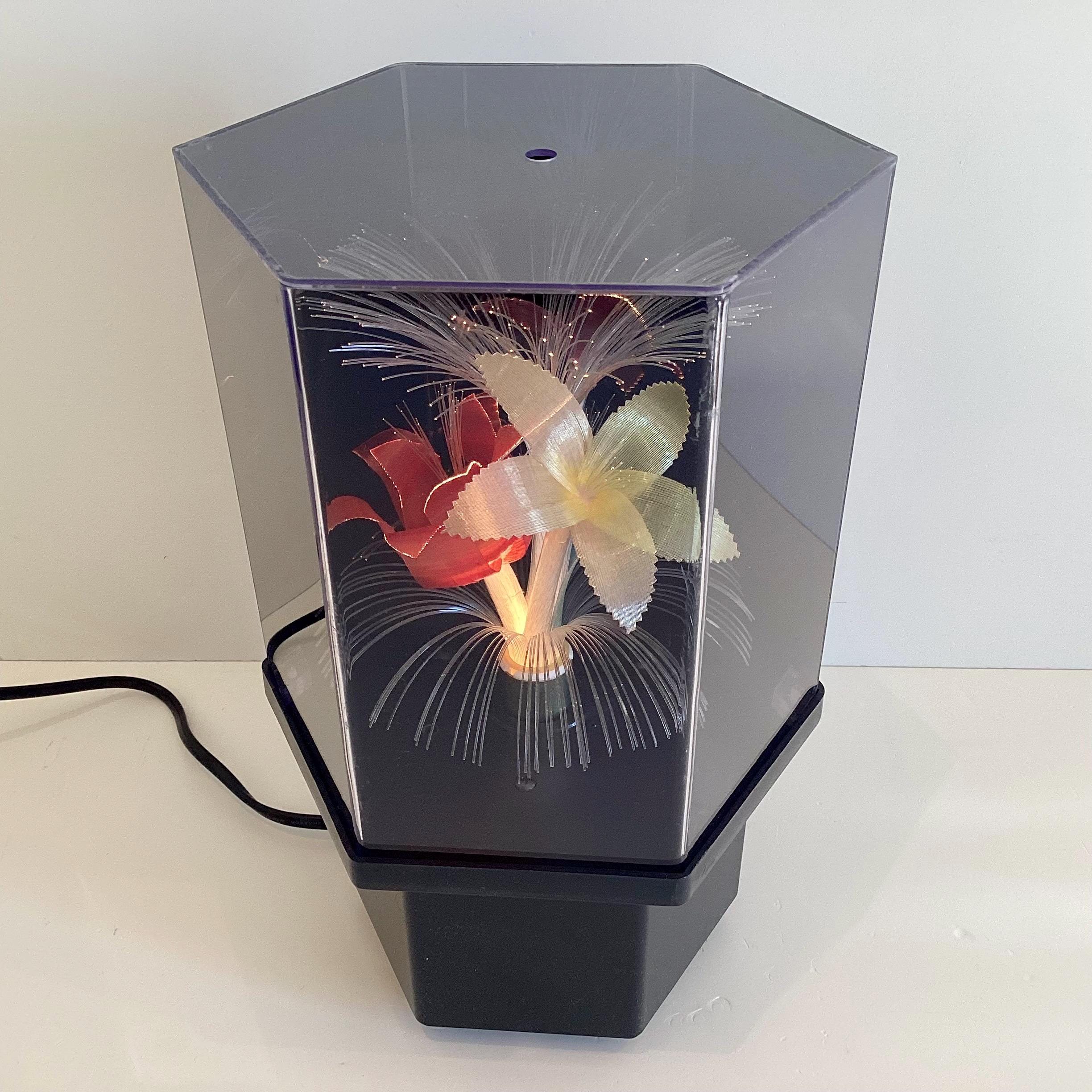 Retro Lamp | 1980s Italian Plexiglas Sculptural Light, Rotating Optic Fiber Flowers — photo 4 of 6