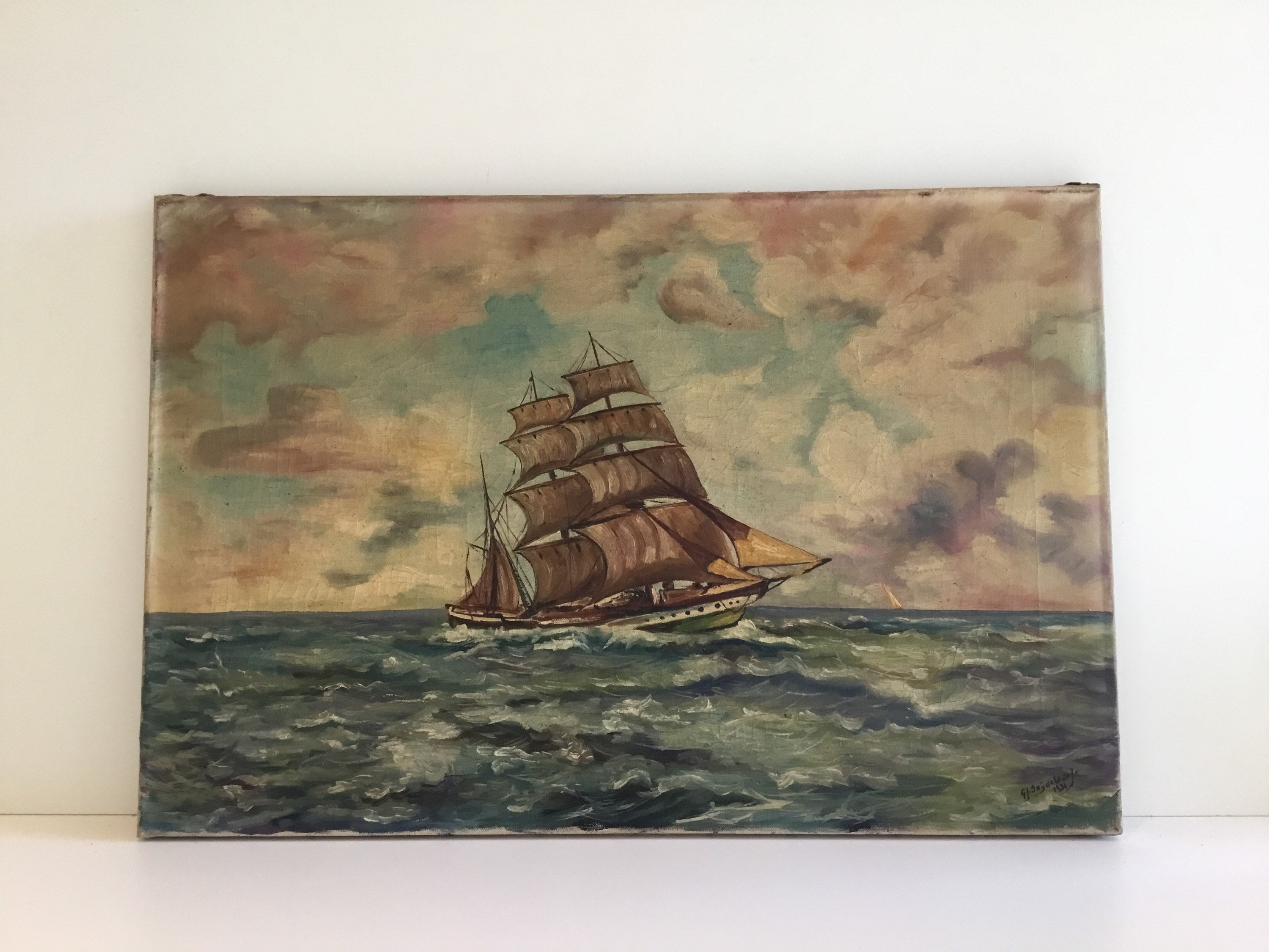 Vintage Seascape | 1932 Dutch Marine Art, Signed Sailing Ship Oil Painting — photo 2 of 10