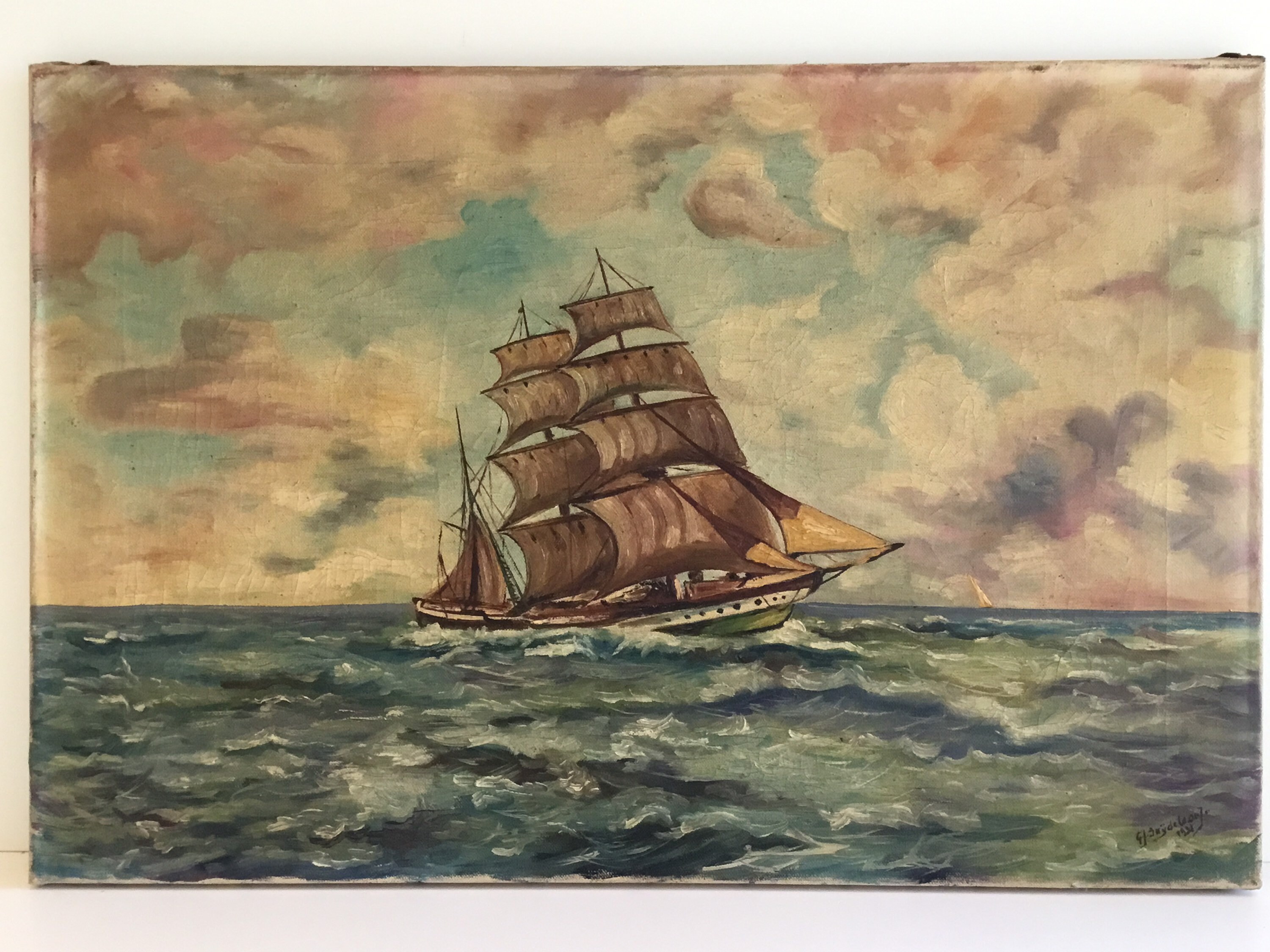 Vintage Seascape | 1932 Dutch Marine Art, Signed Sailing Ship Oil Painting — photo 3 of 10