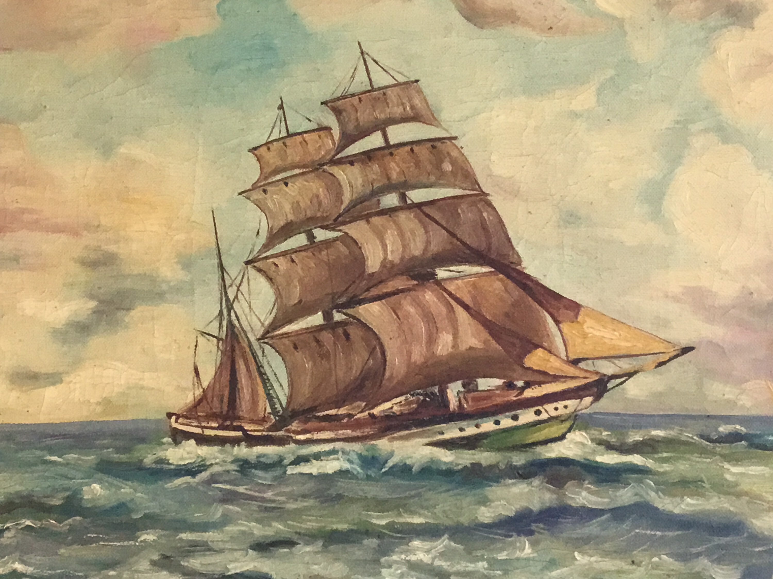 Vintage Seascape | 1932 Dutch Marine Art, Signed Sailing Ship Oil Painting — photo 4 of 10