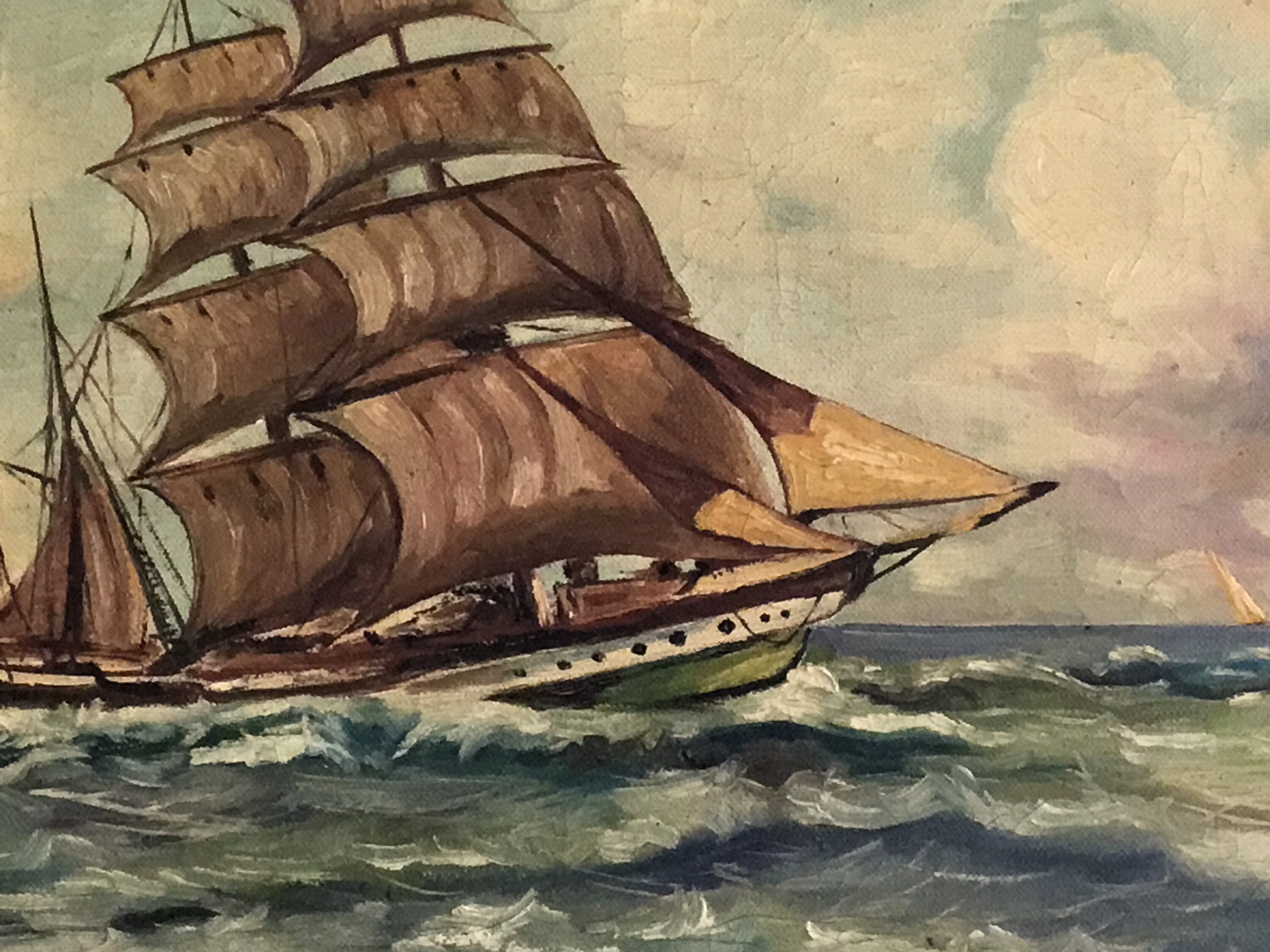 Vintage Seascape | 1932 Dutch Marine Art, Signed Sailing Ship Oil Painting — photo 5 of 10