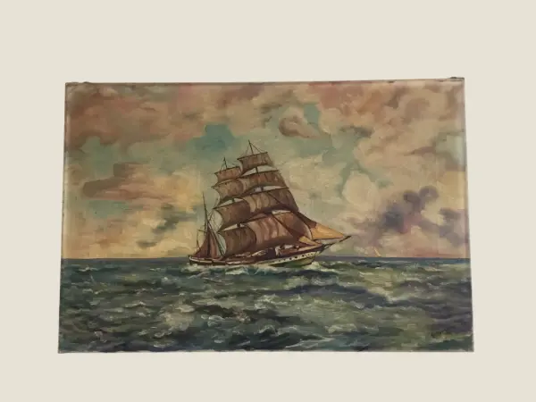 Vintage Seascape | 1932 Dutch Marine Art, Signed Sailing Ship Oil Painting