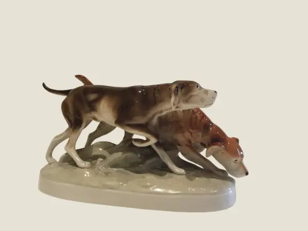 Vintage Porcelain | Royal Dux Czechoslovakia Hunting Dogs (1930s) Large Sculpture
