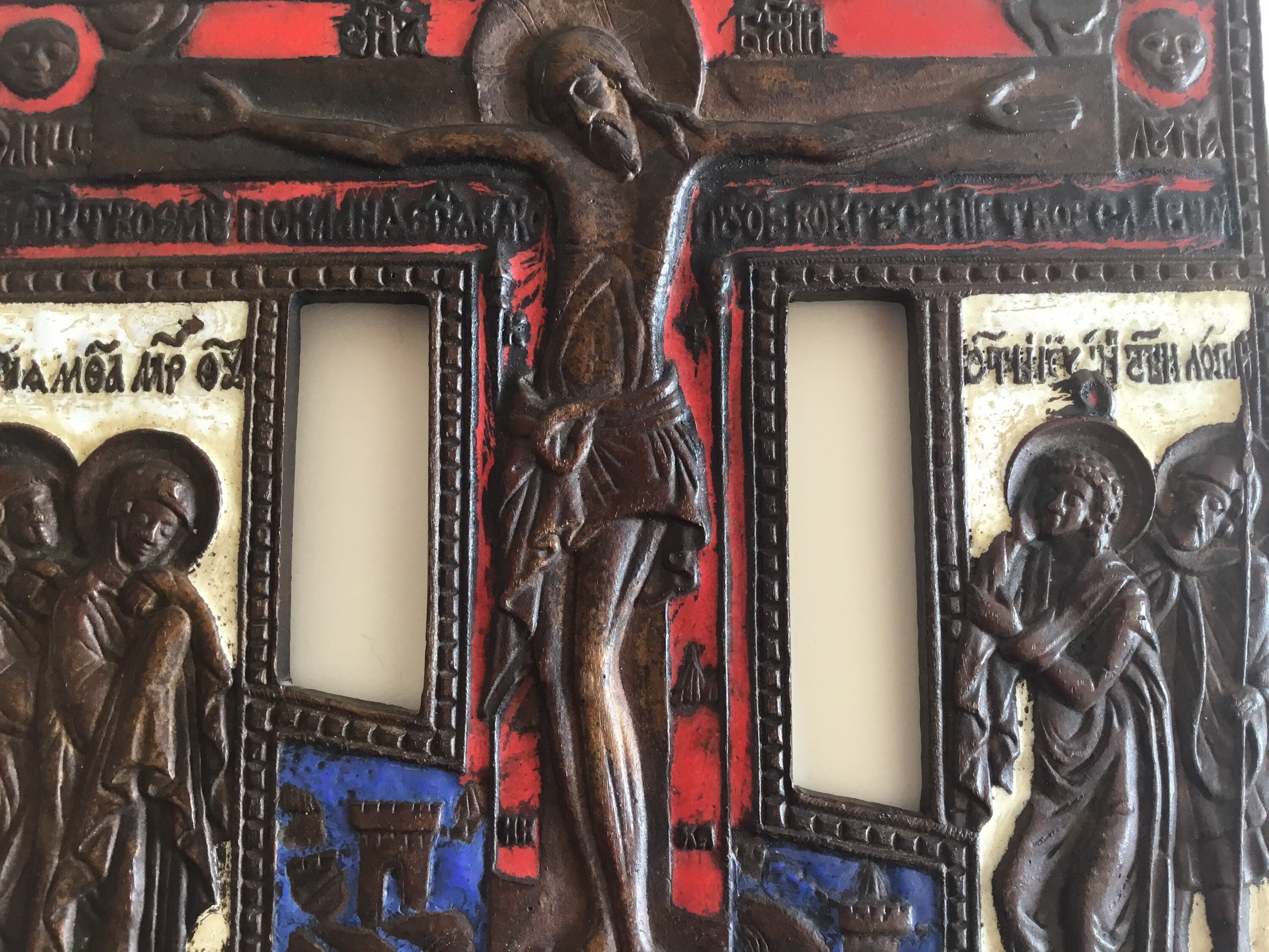 Antique  Crucifix (1800s) Ukrainian Jesus Icon, Bronze Enamel Cross, Vintage Religious Art, Home Altar — photo 4 of 10