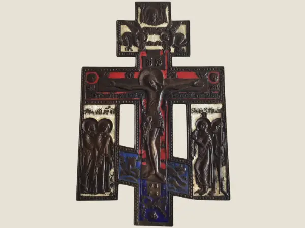 Antique  Crucifix (1800s) Ukrainian Jesus Icon, Bronze Enamel Cross, Vintage Religious Art, Home Altar
