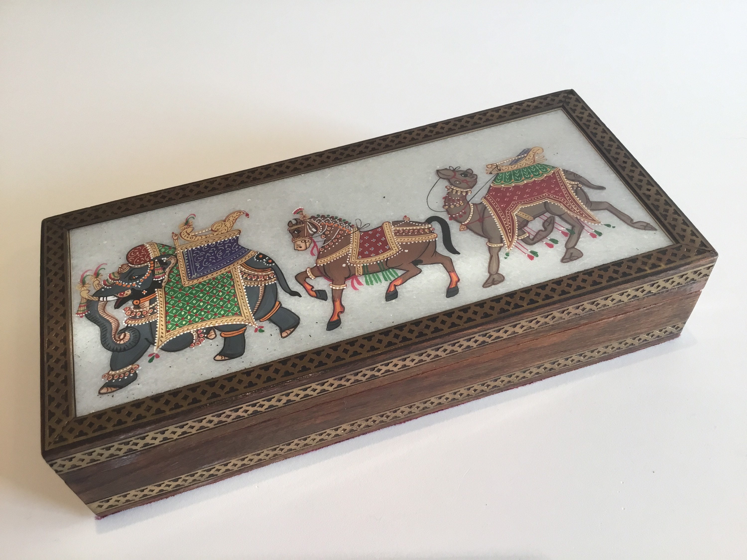 Vintage Jewelry Box | 1970s Asian Hand-Painted Glass, Wooden Brass Trim — photo 2 of 11