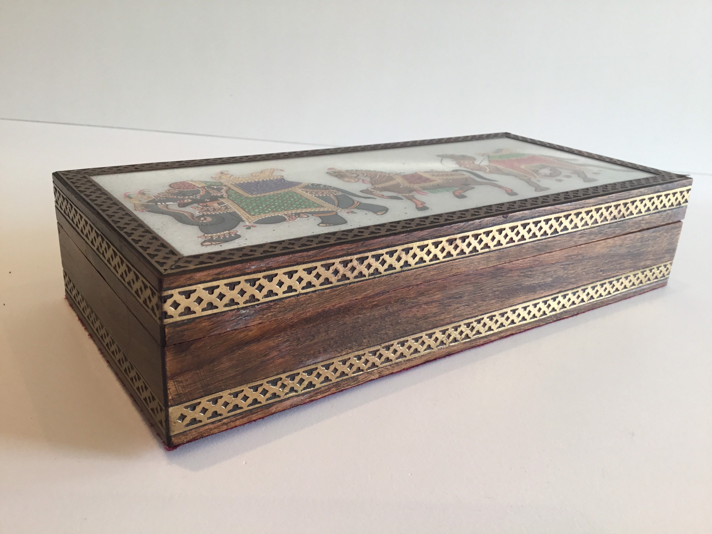 Vintage Jewelry Box | 1970s Asian Hand-Painted Glass, Wooden Brass Trim — photo 3 of 11