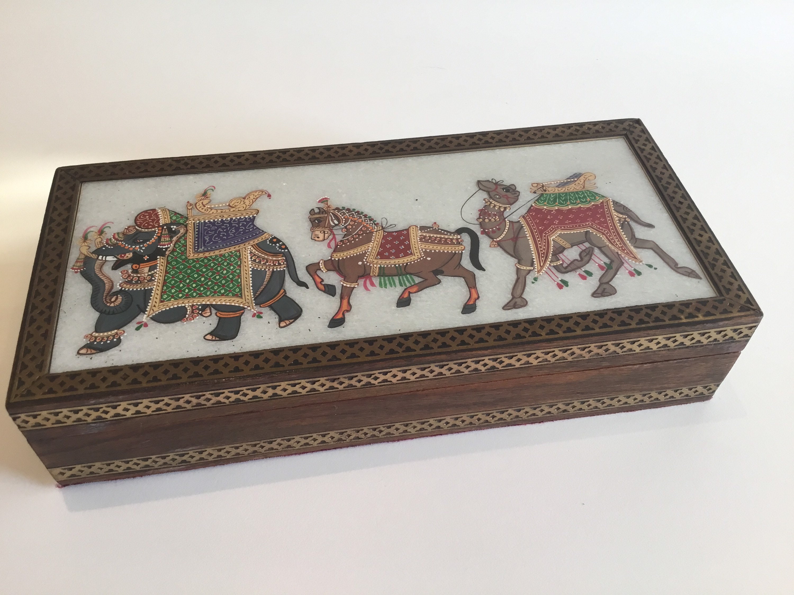 Vintage Jewelry Box | 1970s Asian Hand-Painted Glass, Wooden Brass Trim — photo 4 of 11
