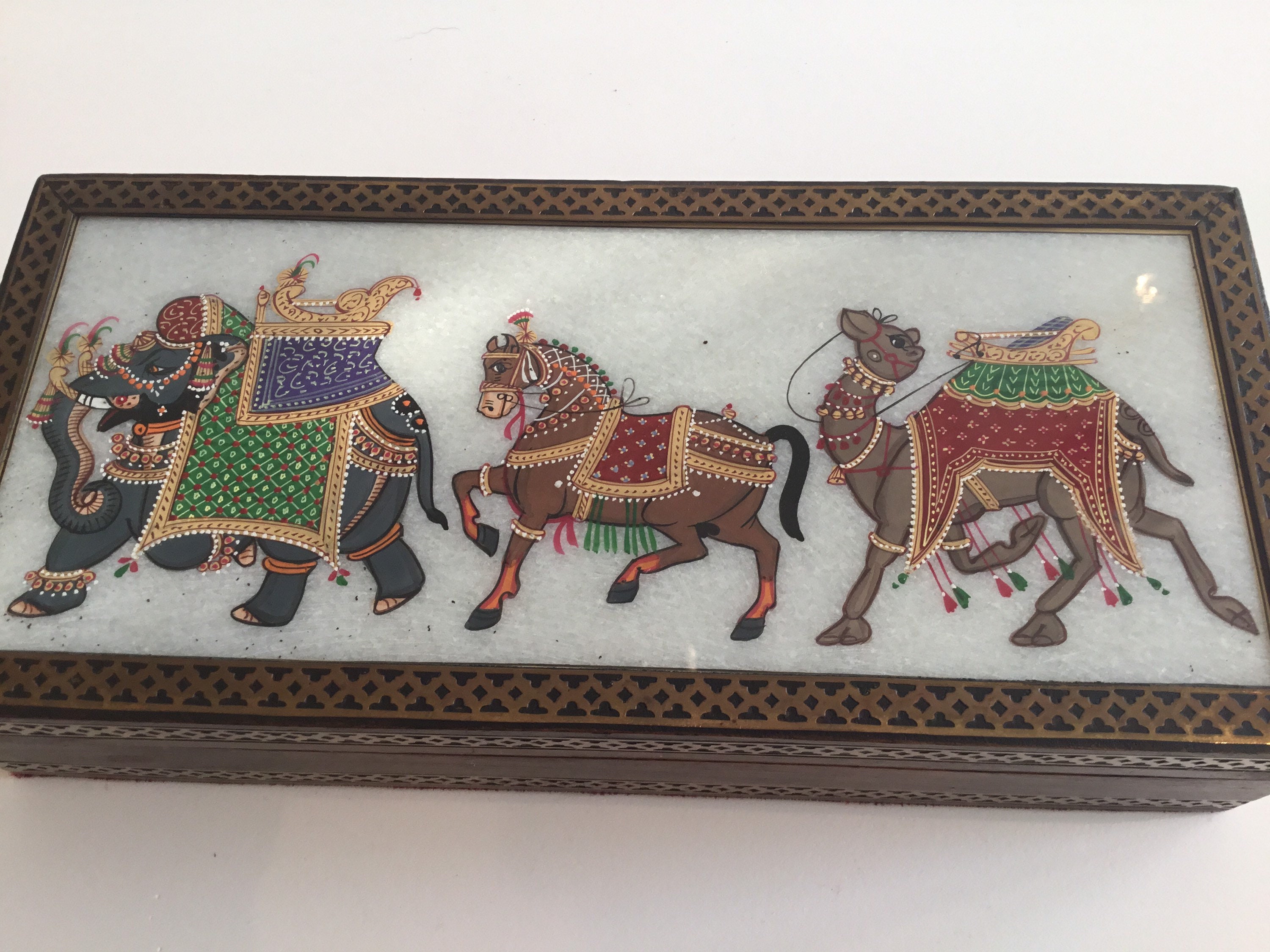 Vintage Jewelry Box | 1970s Asian Hand-Painted Glass, Wooden Brass Trim — photo 6 of 11