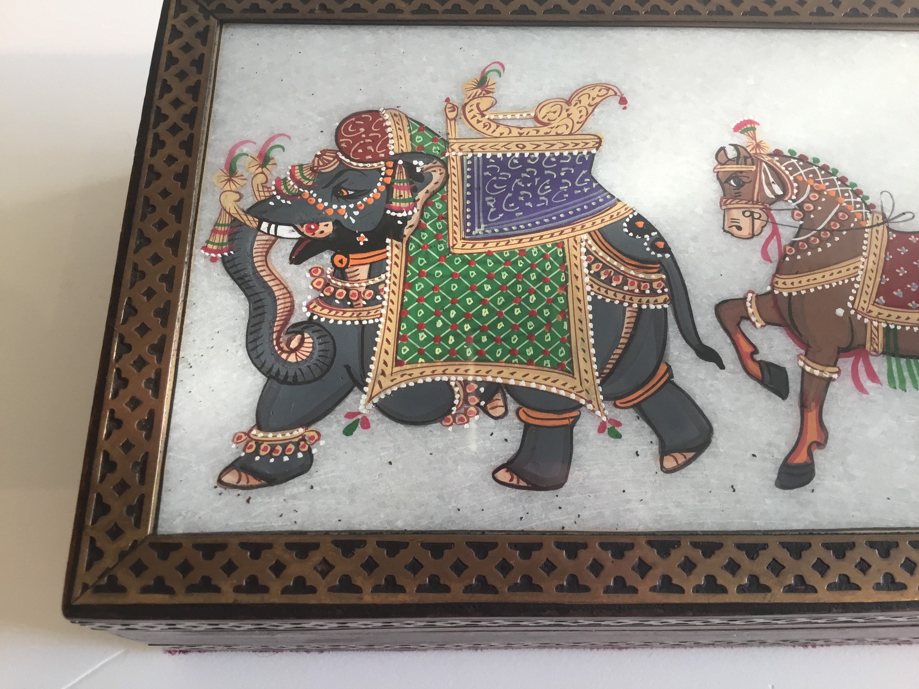 Vintage Jewelry Box | 1970s Asian Hand-Painted Glass, Wooden Brass Trim — photo 7 of 11