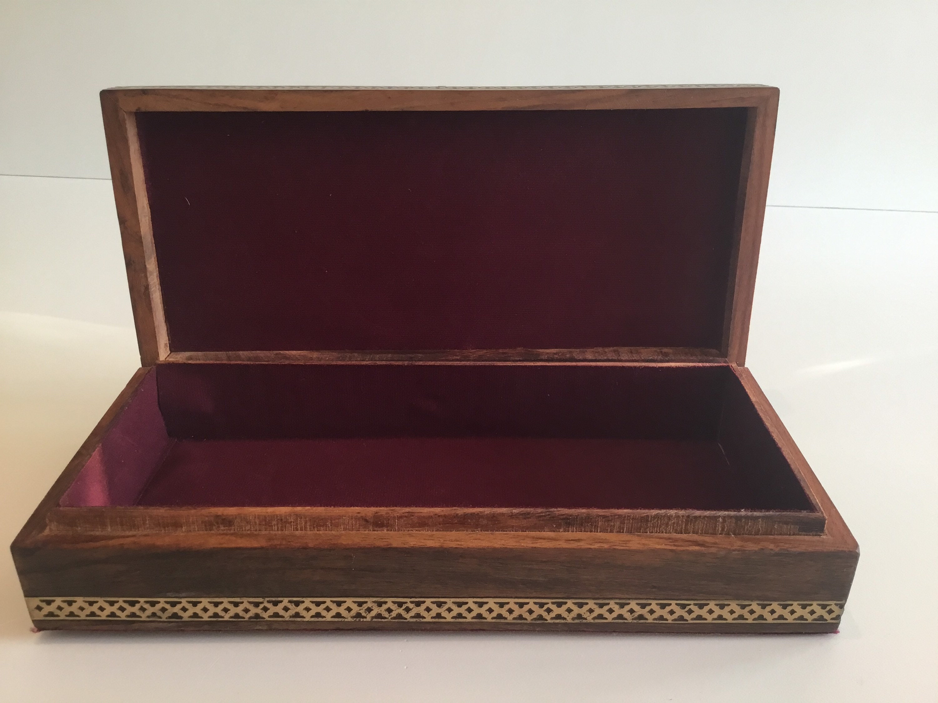 Vintage Jewelry Box | 1970s Asian Hand-Painted Glass, Wooden Brass Trim — photo 8 of 11