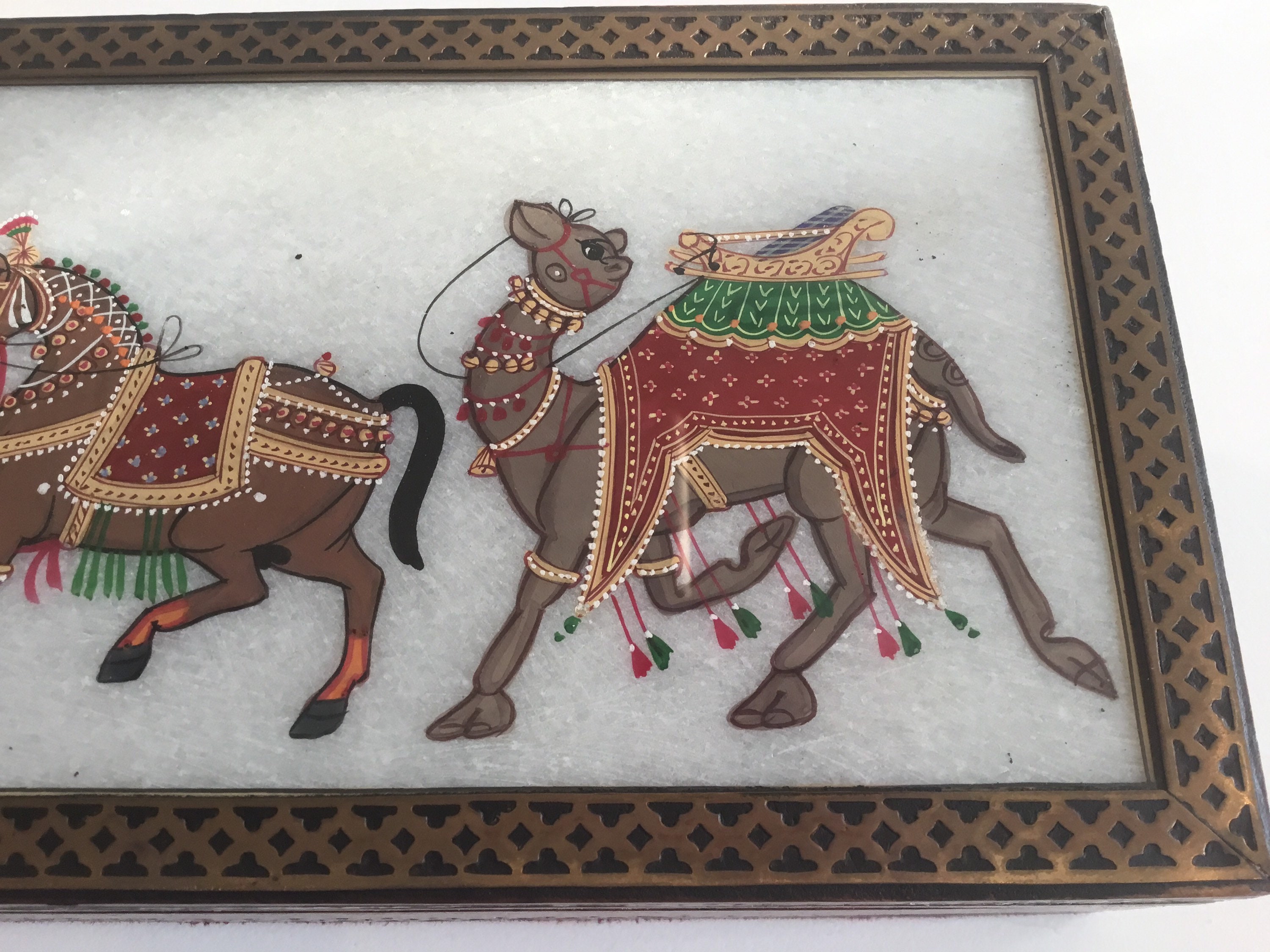 Vintage Jewelry Box | 1970s Asian Hand-Painted Glass, Wooden Brass Trim — photo 9 of 11