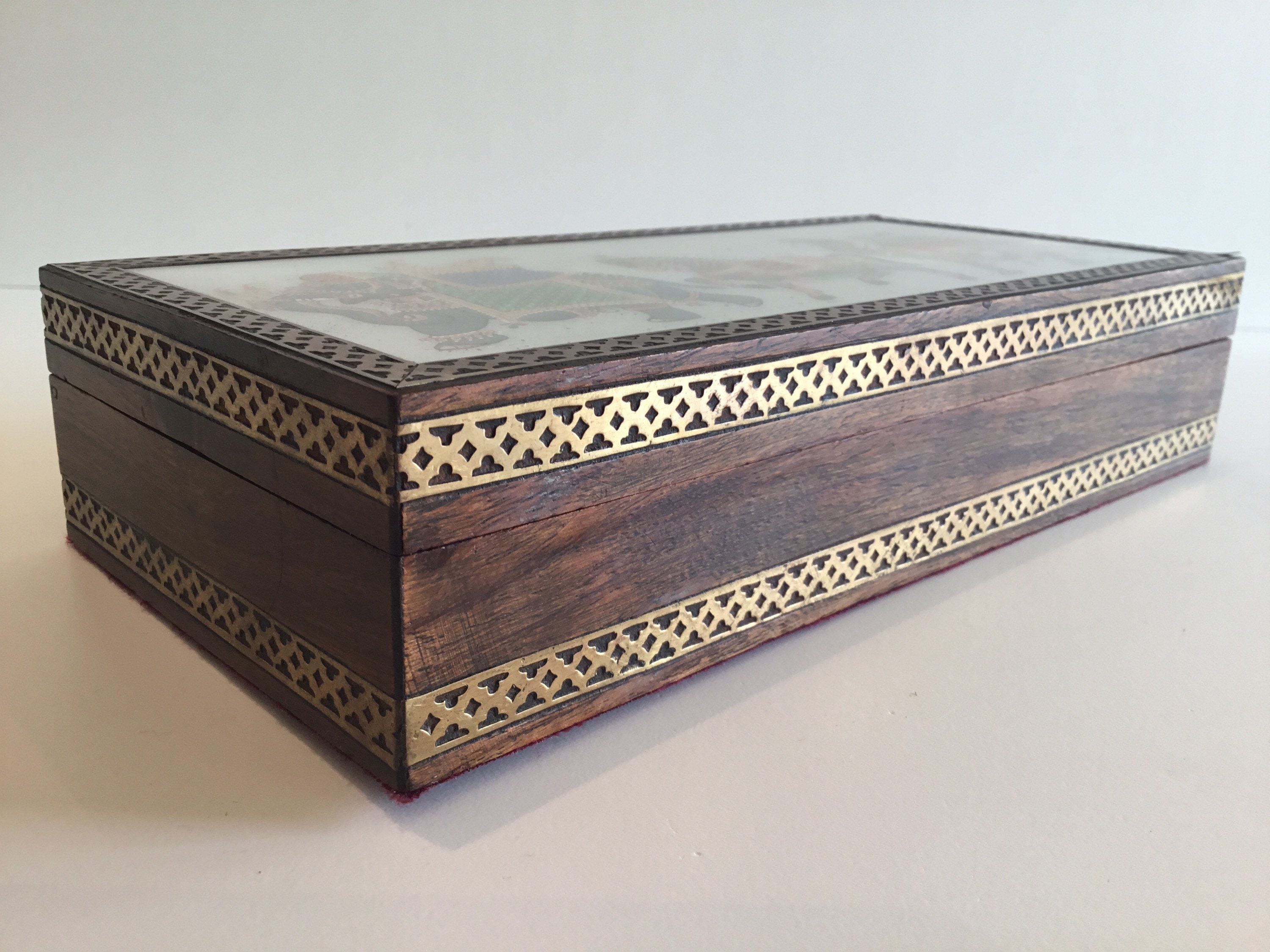 Vintage Jewelry Box | 1970s Asian Hand-Painted Glass, Wooden Brass Trim — photo 10 of 11