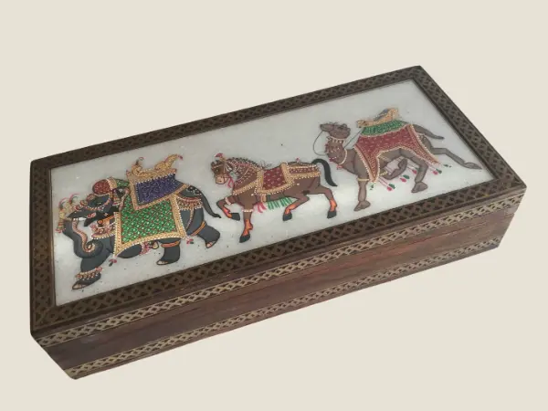 Vintage Jewelry Box | 1970s Asian Hand-Painted Glass, Wooden Brass Trim