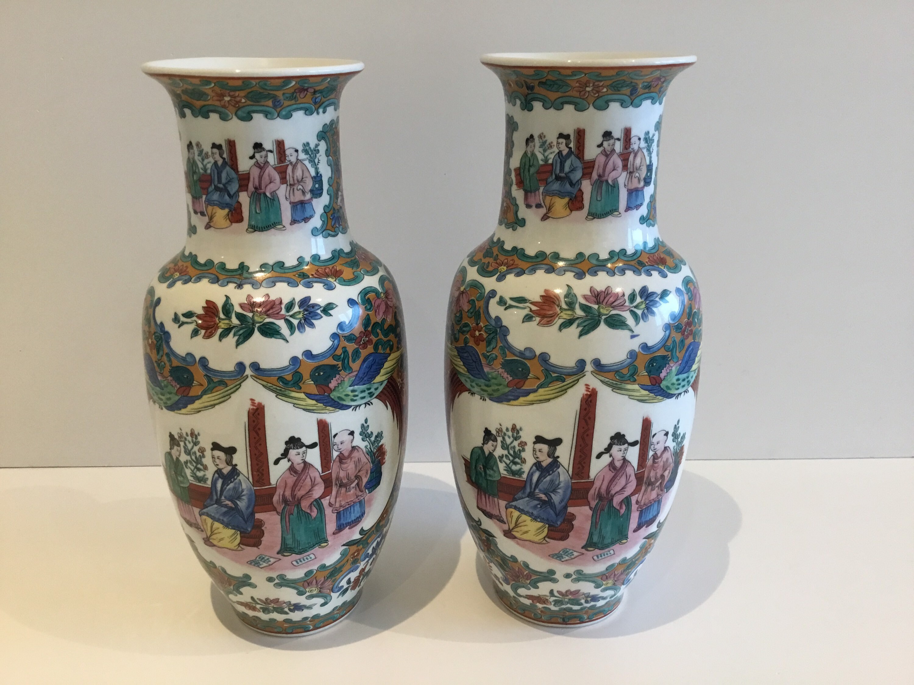 Porcelain Vases Pair (Vintage Decor) 1950s Chinese Hand-Painted — photo 3 of 9