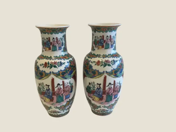 Porcelain Vases Pair (Vintage Decor) 1950s Chinese Hand-Painted