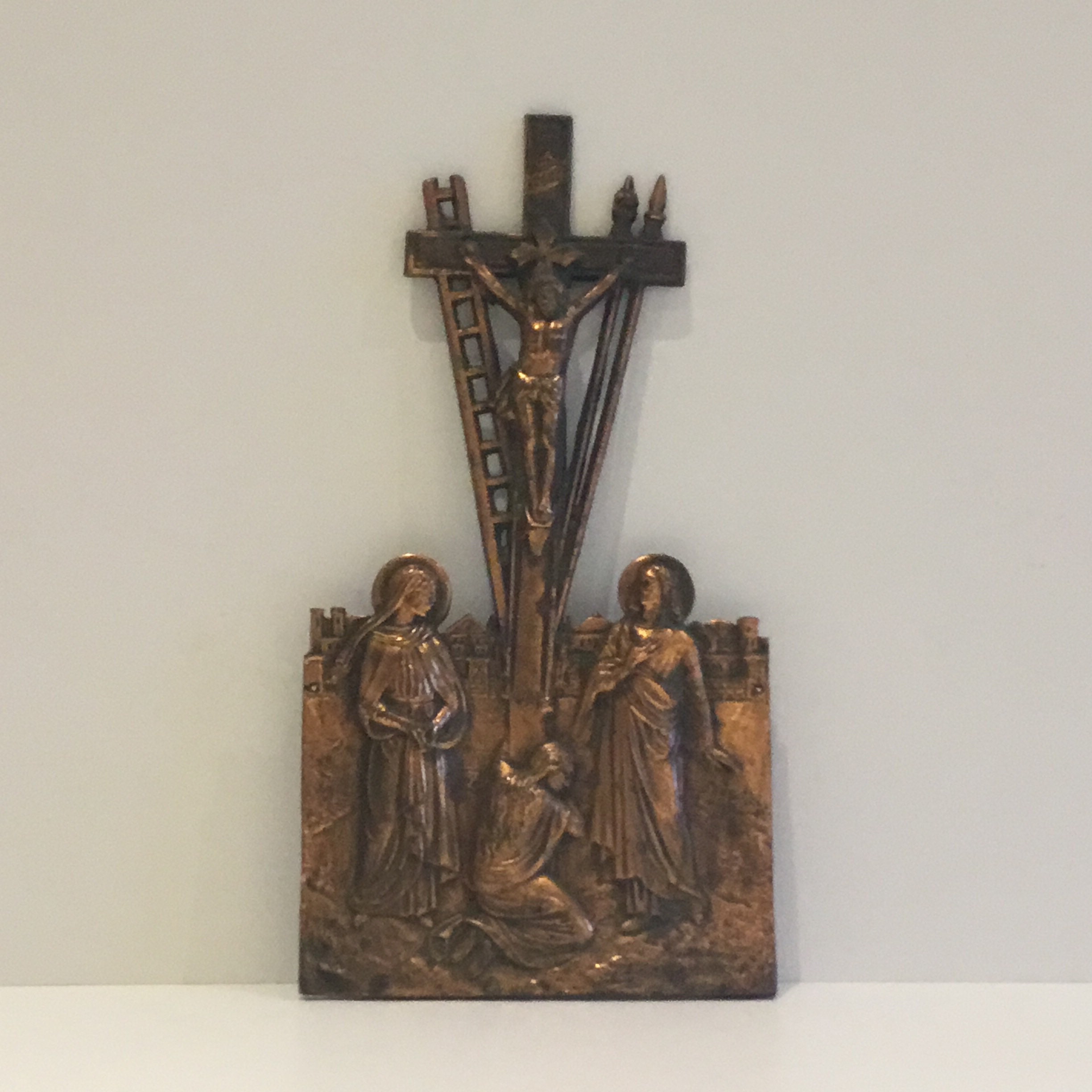 Antique Crucifix | 1940s Janco Artist Copper Plated, Calvary Scene Mary & Women — photo 2 of 9