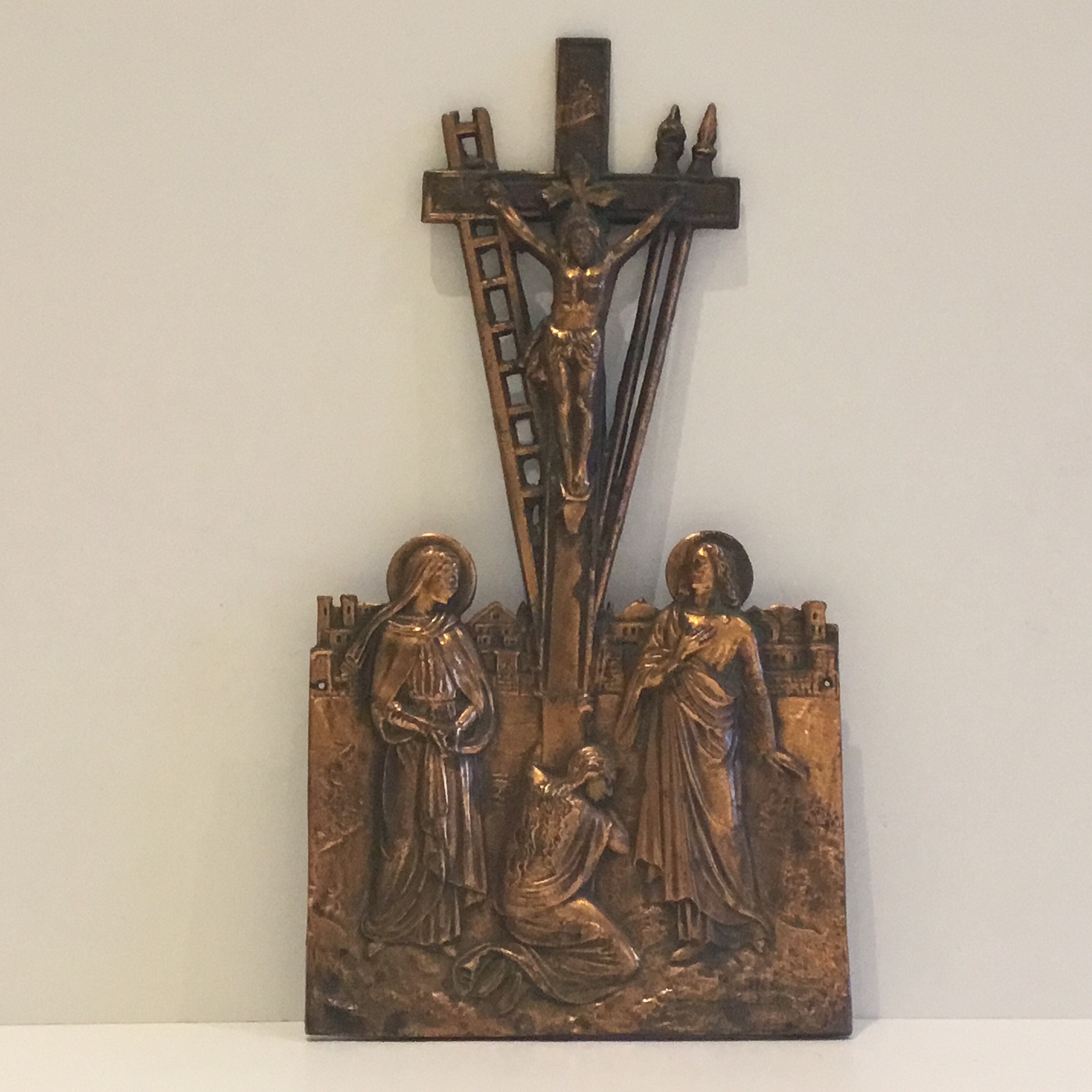 Antique Crucifix | 1940s Janco Artist Copper Plated, Calvary Scene Mary & Women — photo 3 of 9