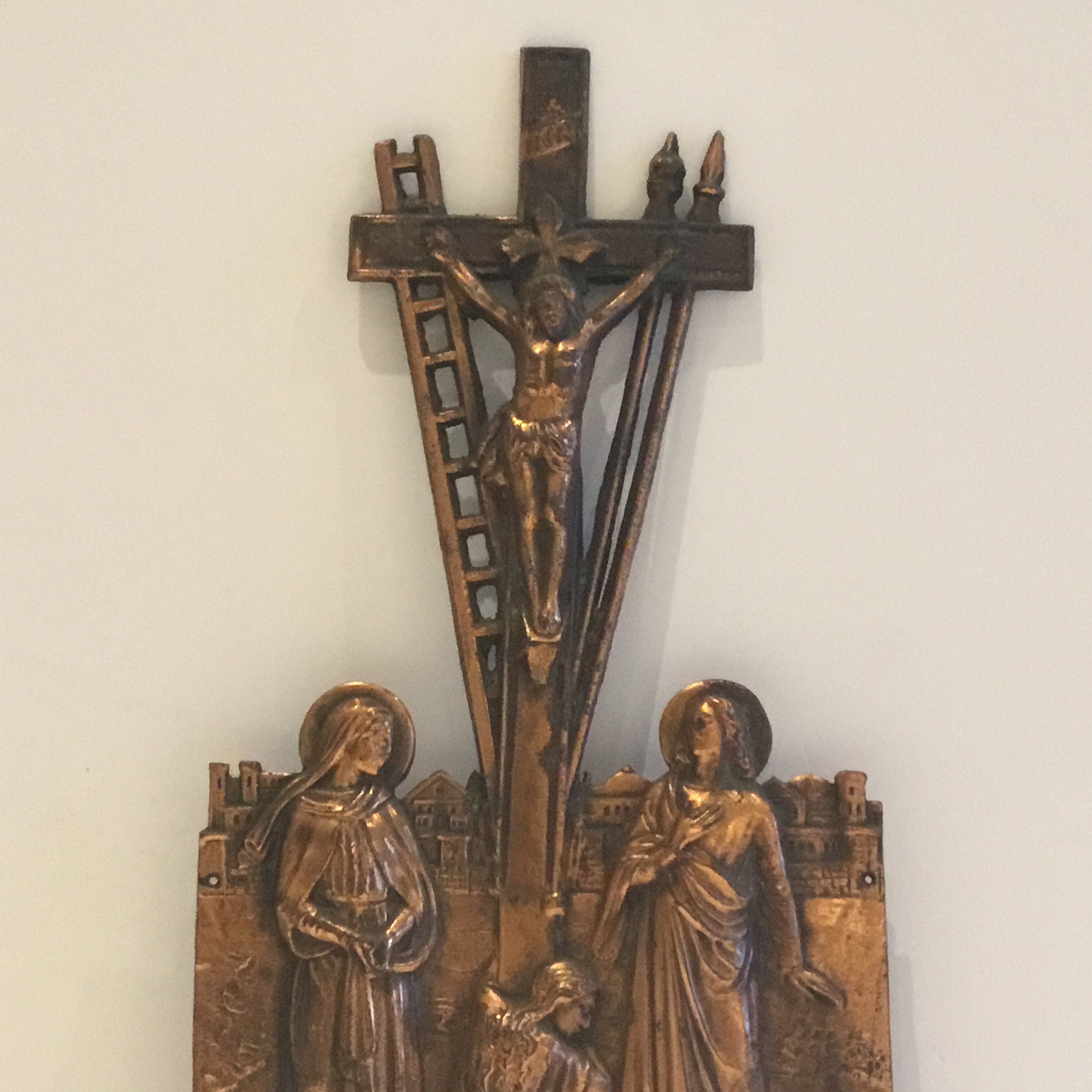 Antique Crucifix | 1940s Janco Artist Copper Plated, Calvary Scene Mary & Women — photo 4 of 9