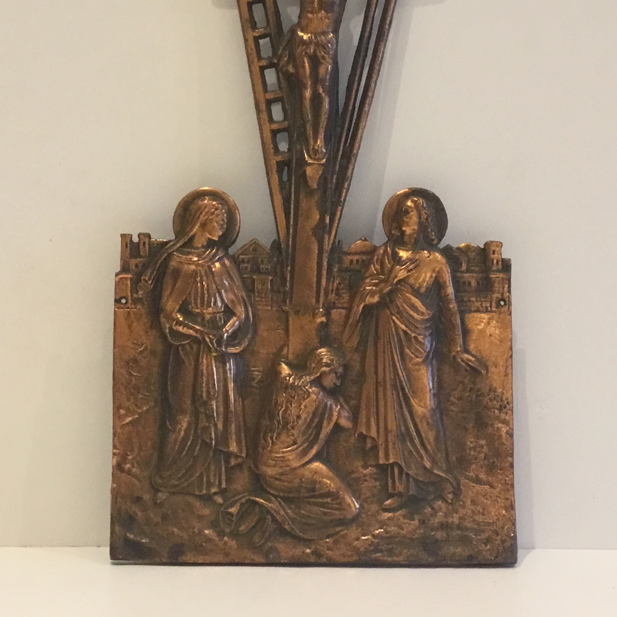 Antique Crucifix | 1940s Janco Artist Copper Plated, Calvary Scene Mary & Women — photo 5 of 9