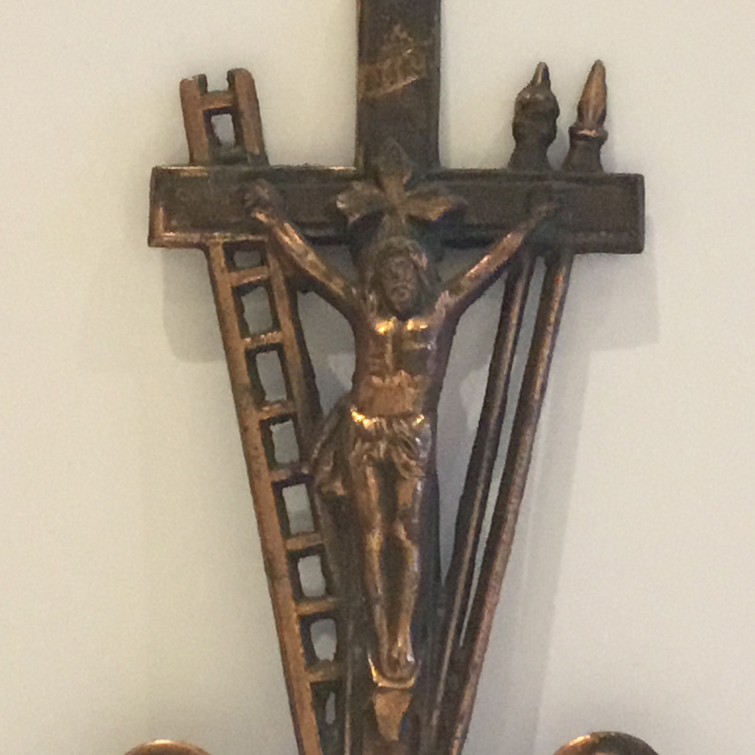 Antique Crucifix | 1940s Janco Artist Copper Plated, Calvary Scene Mary & Women — photo 6 of 9