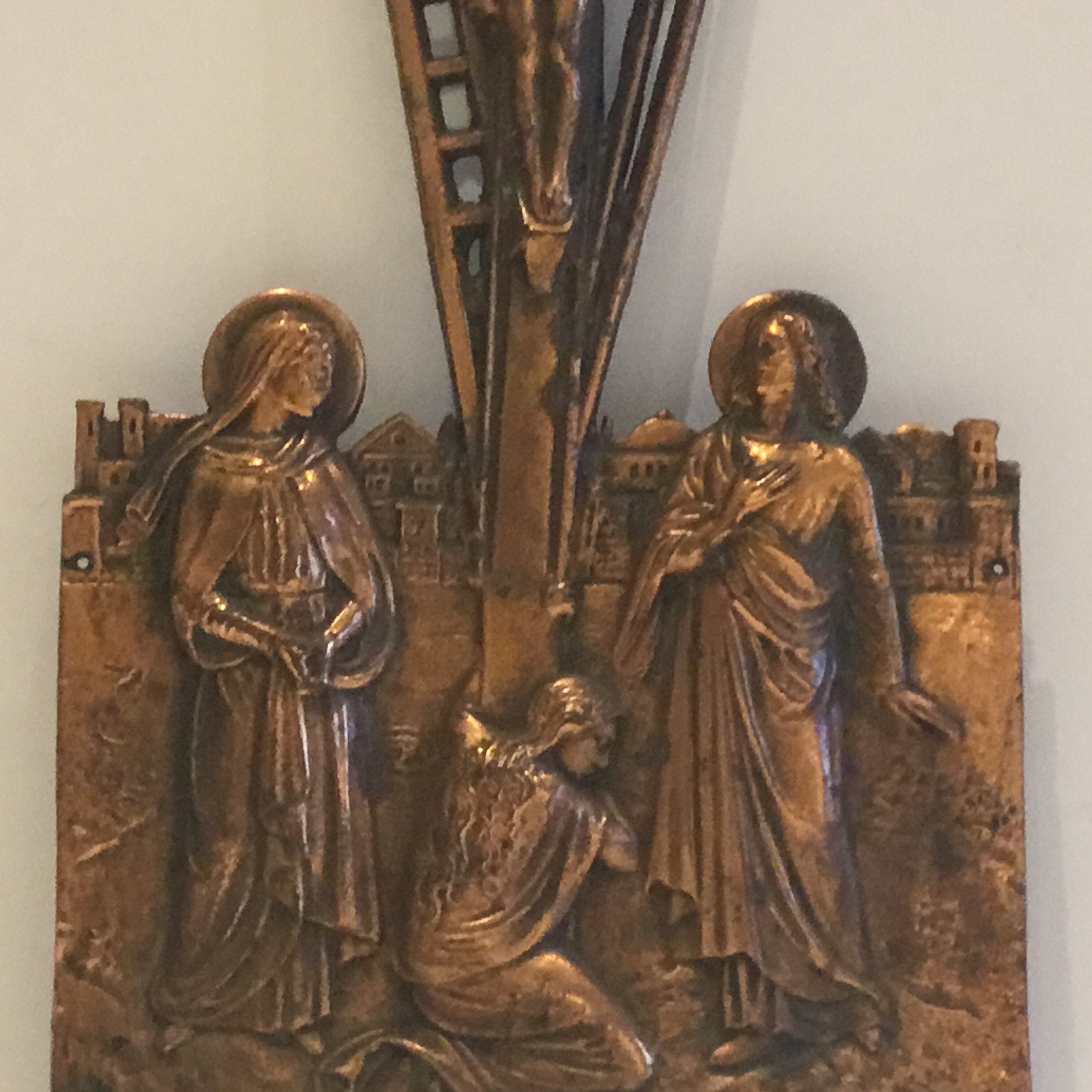 Antique Crucifix | 1940s Janco Artist Copper Plated, Calvary Scene Mary & Women — photo 7 of 9