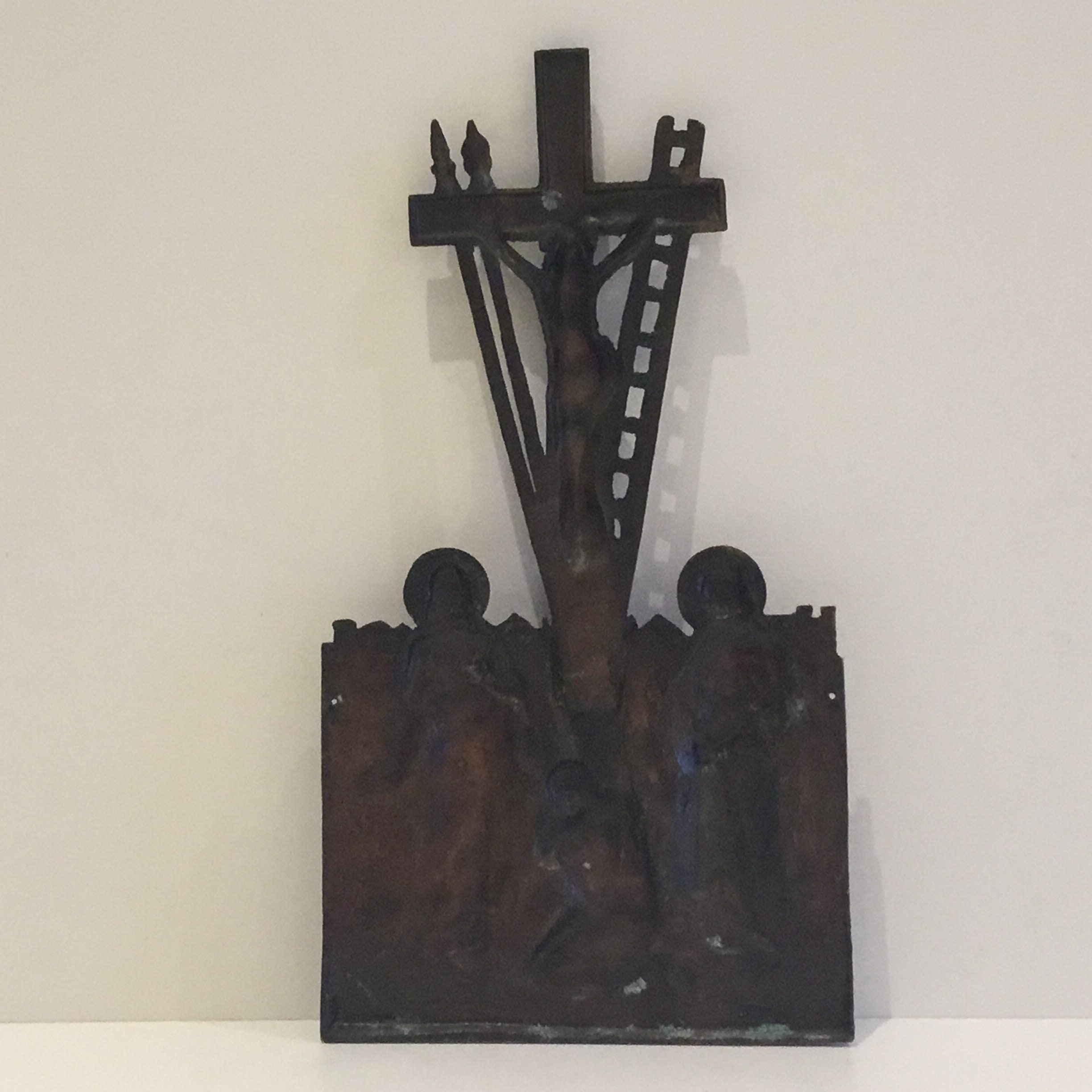 Antique Crucifix | 1940s Janco Artist Copper Plated, Calvary Scene Mary & Women — photo 8 of 9