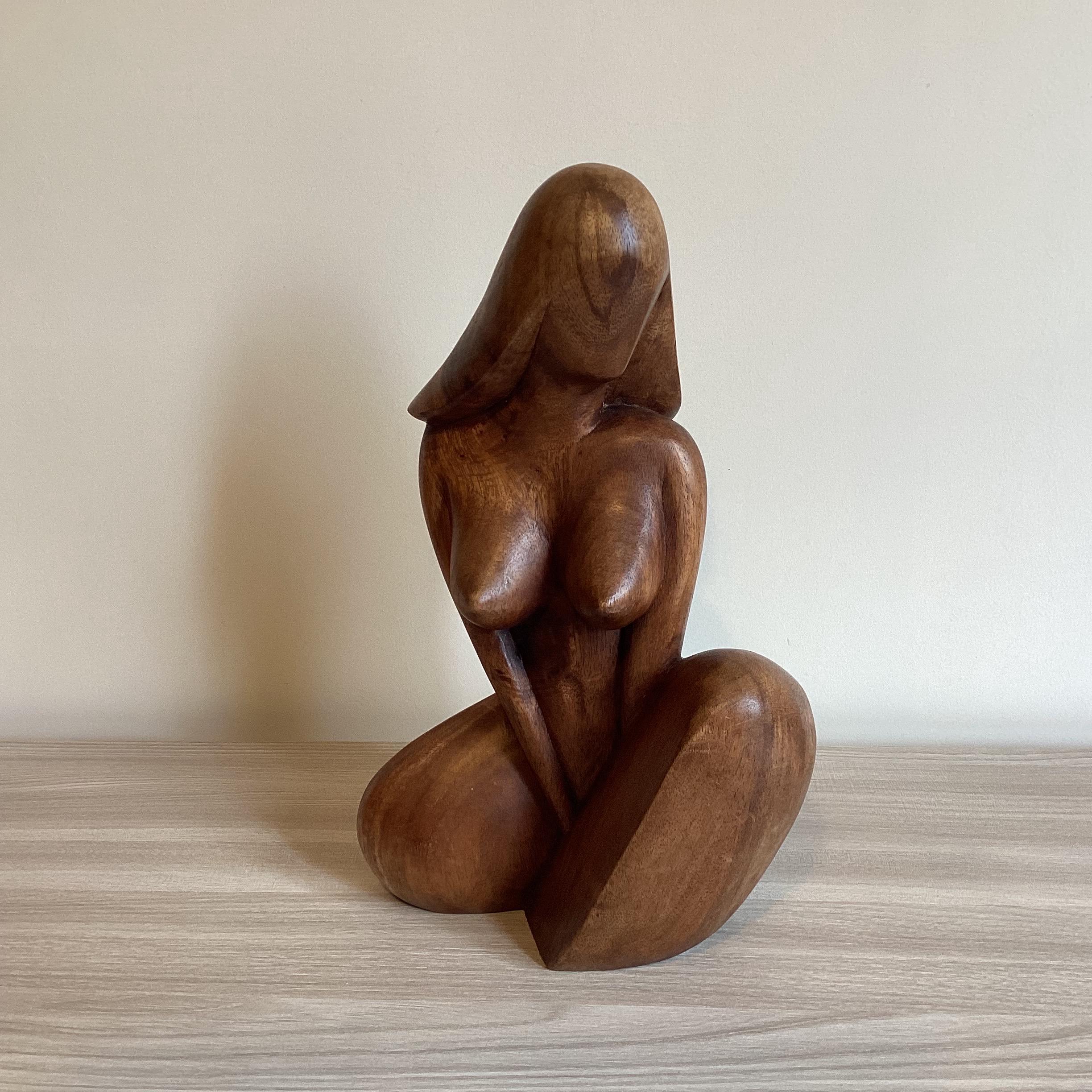 Vintage Sculpture | France 1950s Modernist Seated Woman, Hand-Carved Solid Wood Art — photo 2 of 8