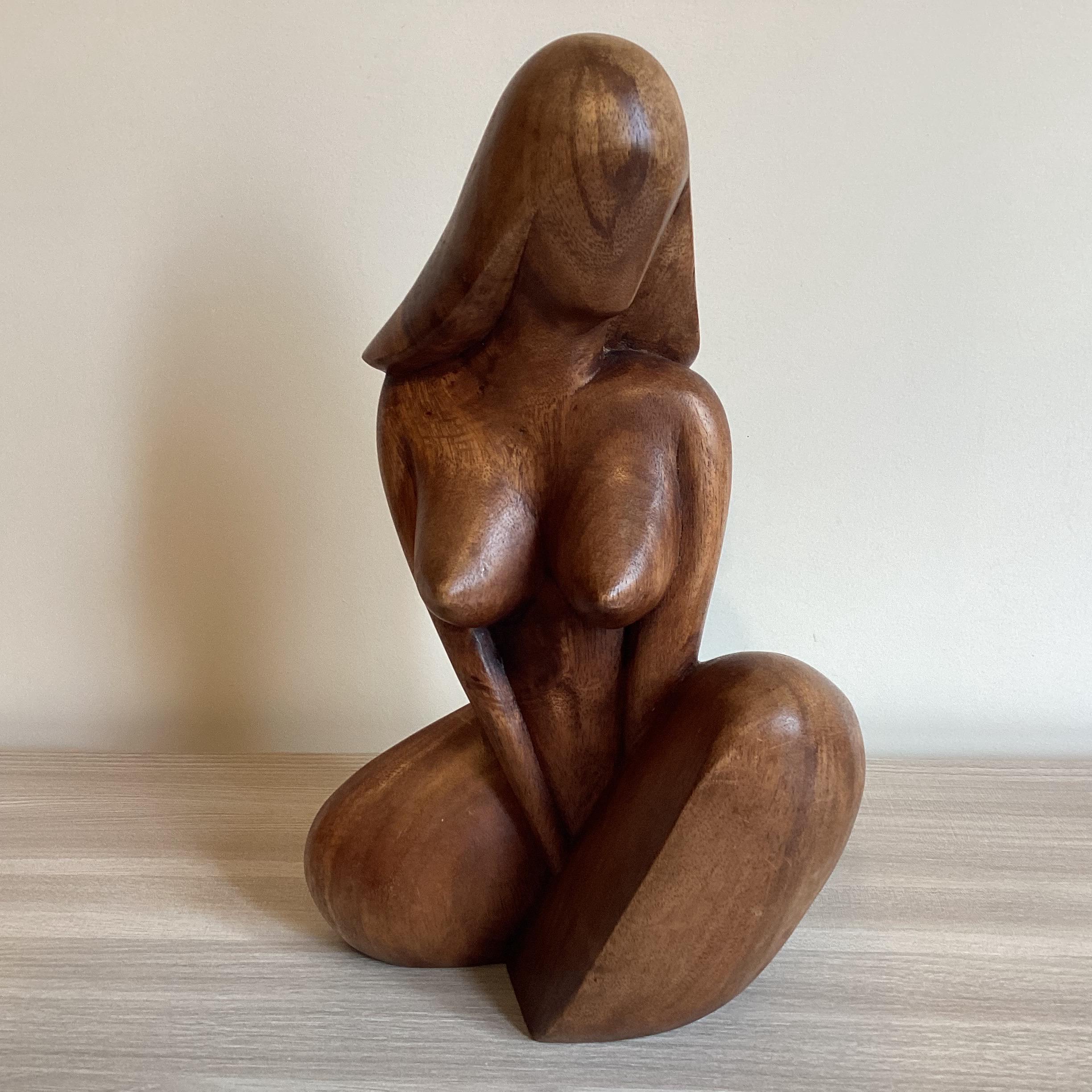 Vintage Sculpture | France 1950s Modernist Seated Woman, Hand-Carved Solid Wood Art — photo 3 of 8