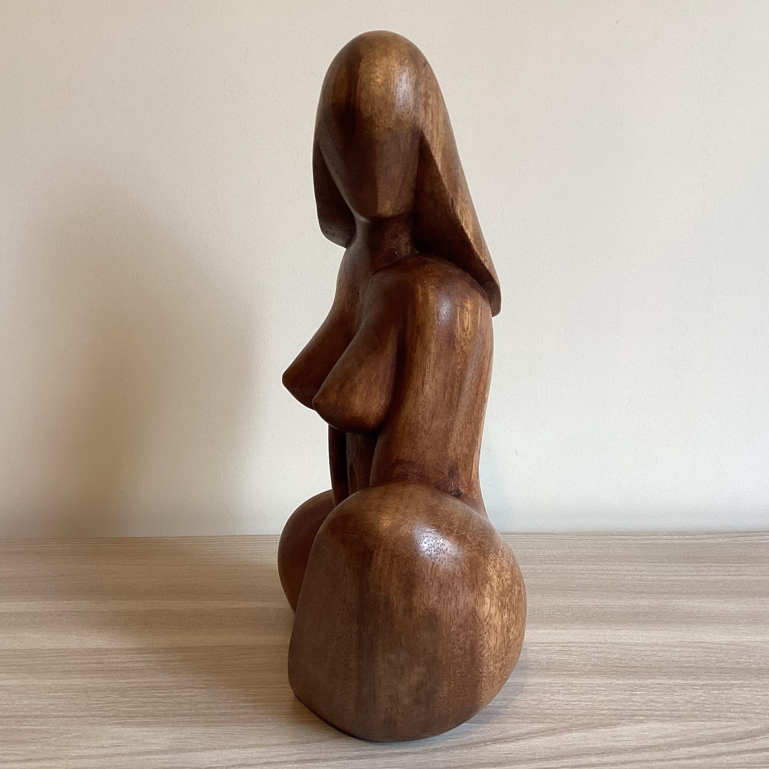 Vintage Sculpture | France 1950s Modernist Seated Woman, Hand-Carved Solid Wood Art — photo 4 of 8
