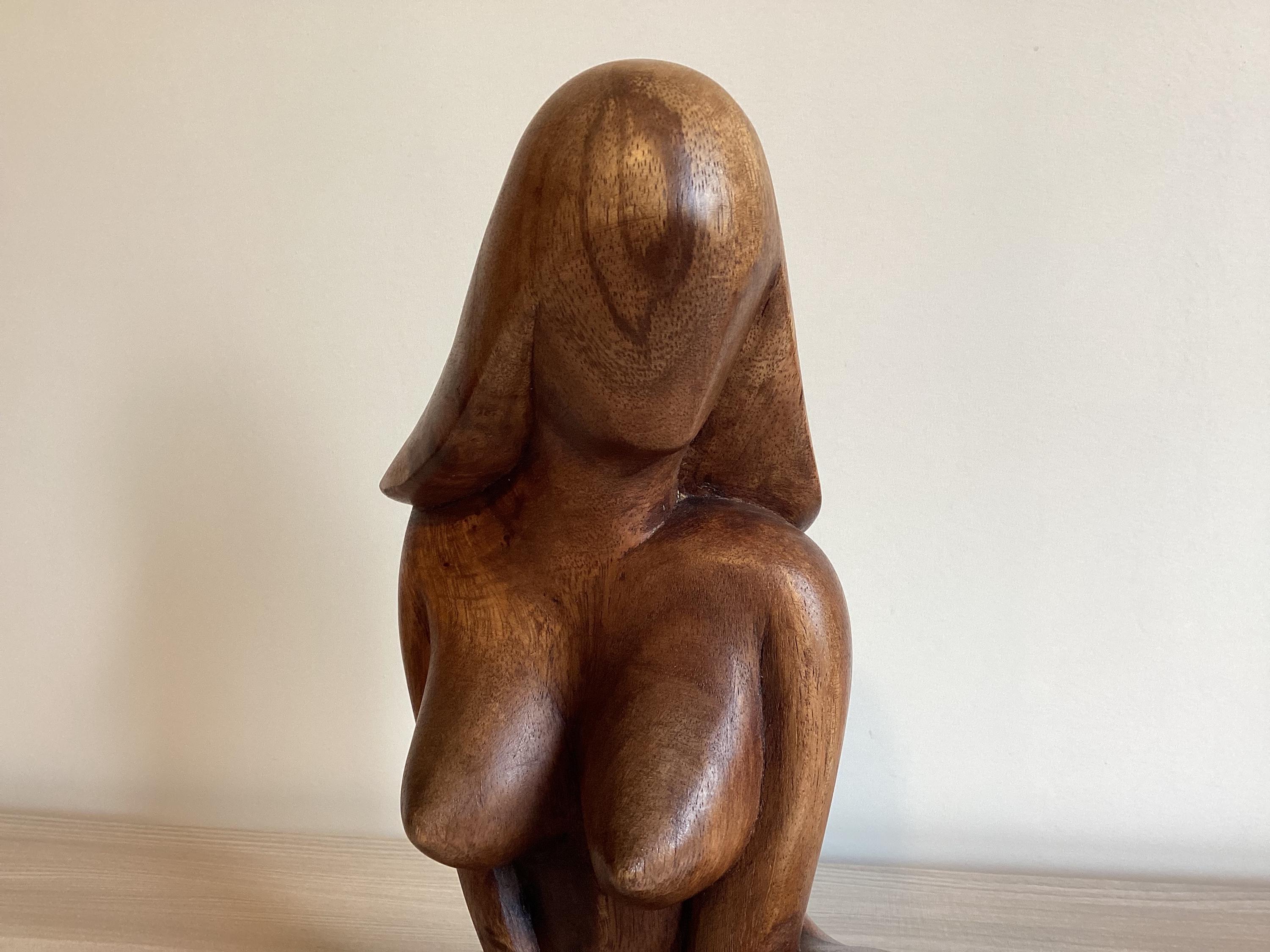 Vintage Sculpture | France 1950s Modernist Seated Woman, Hand-Carved Solid Wood Art — photo 7 of 8