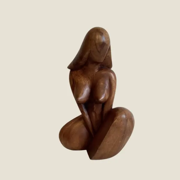 Vintage Sculpture | France 1950s Modernist Seated Woman, Hand-Carved Solid Wood Art