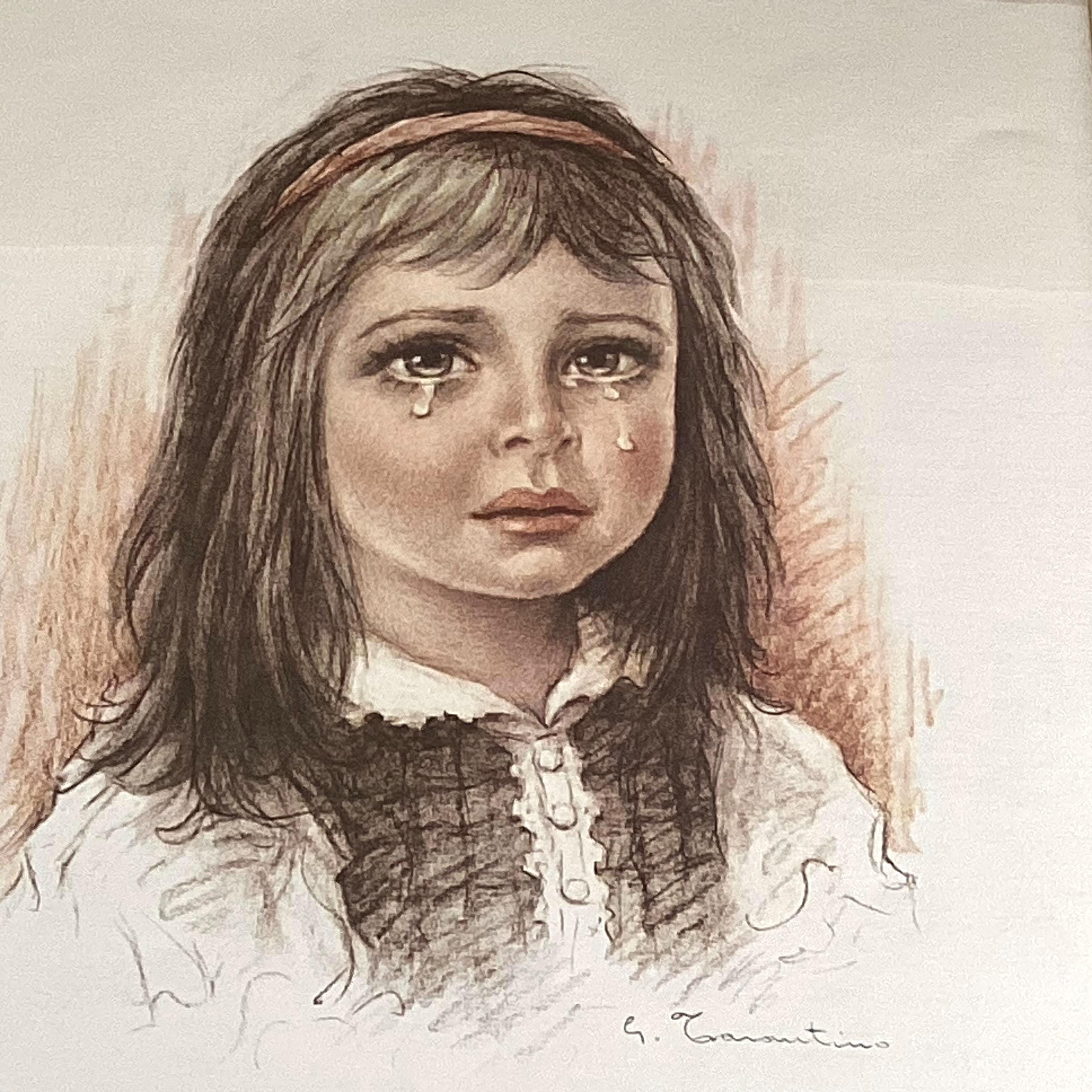 Vintage Italian Art | Giuseppe Tarantino 1970s Crying Girl Screenprint, Walnut Frame — photo 2 of 9