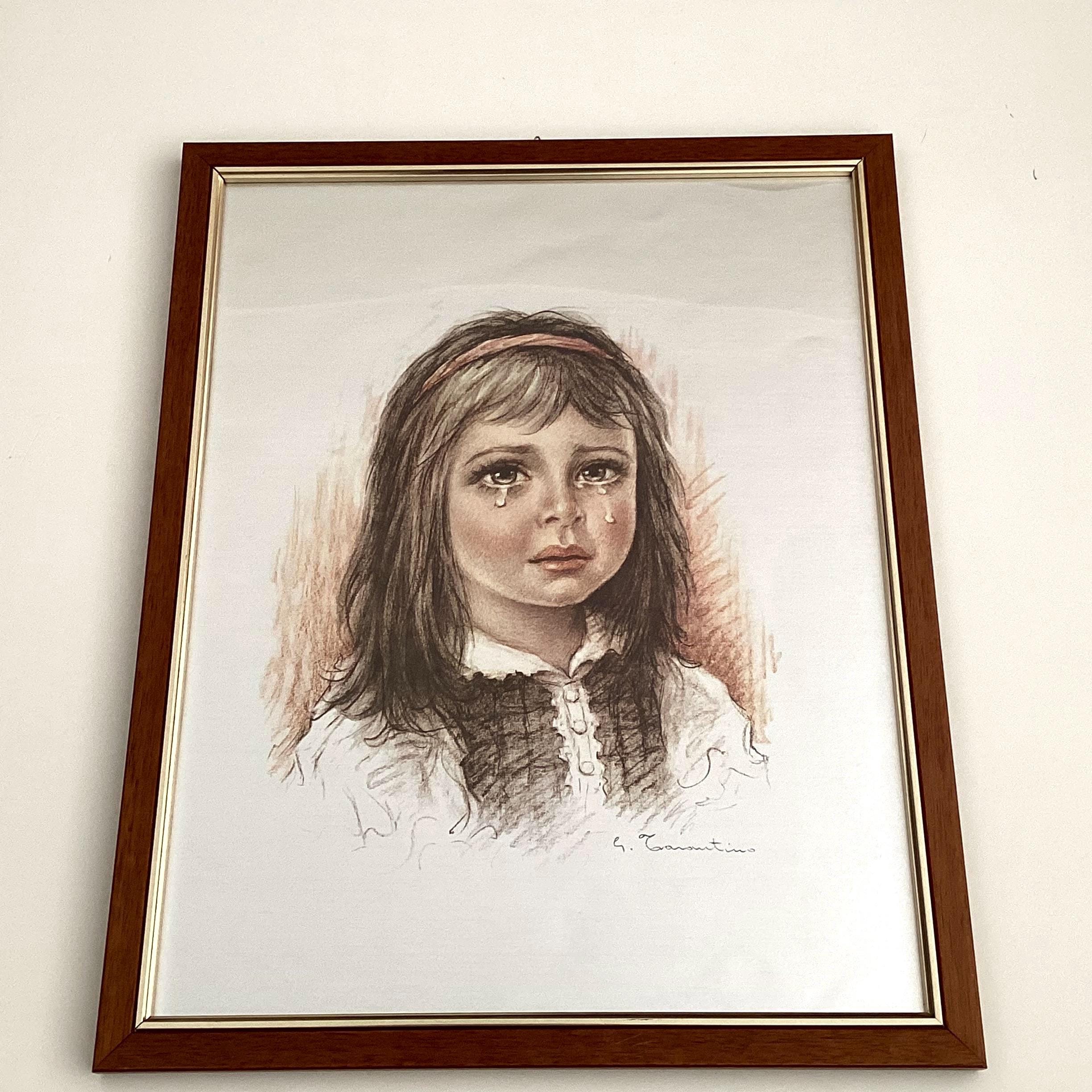 Vintage Italian Art | Giuseppe Tarantino 1970s Crying Girl Screenprint, Walnut Frame — photo 3 of 9