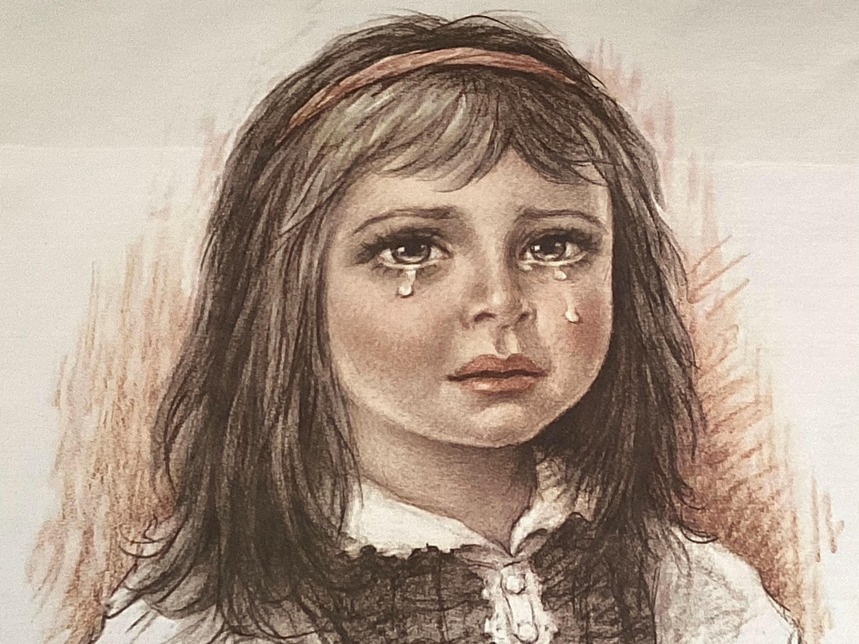 Vintage Italian Art | Giuseppe Tarantino 1970s Crying Girl Screenprint, Walnut Frame — photo 4 of 9