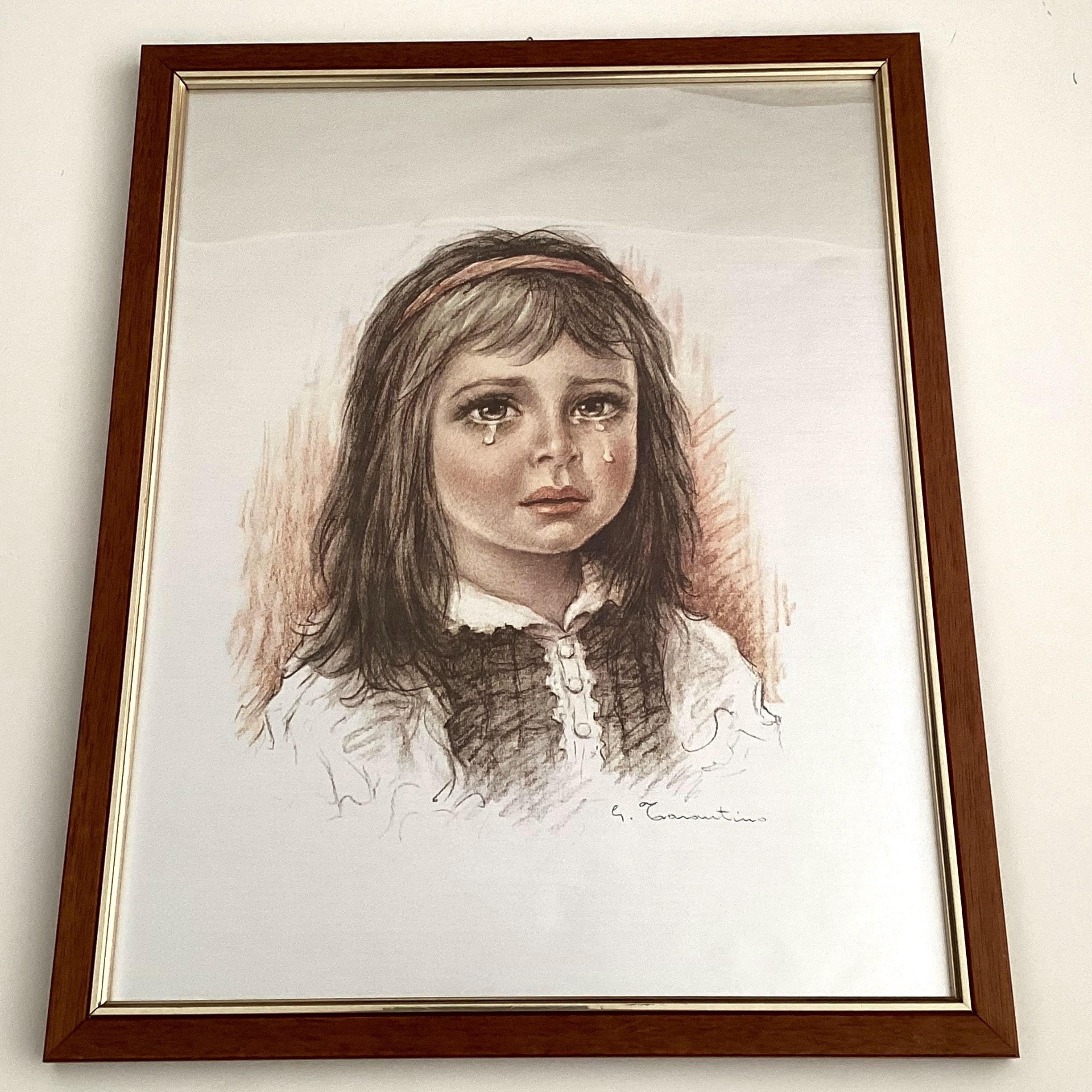 Vintage Italian Art | Giuseppe Tarantino 1970s Crying Girl Screenprint, Walnut Frame — photo 5 of 9
