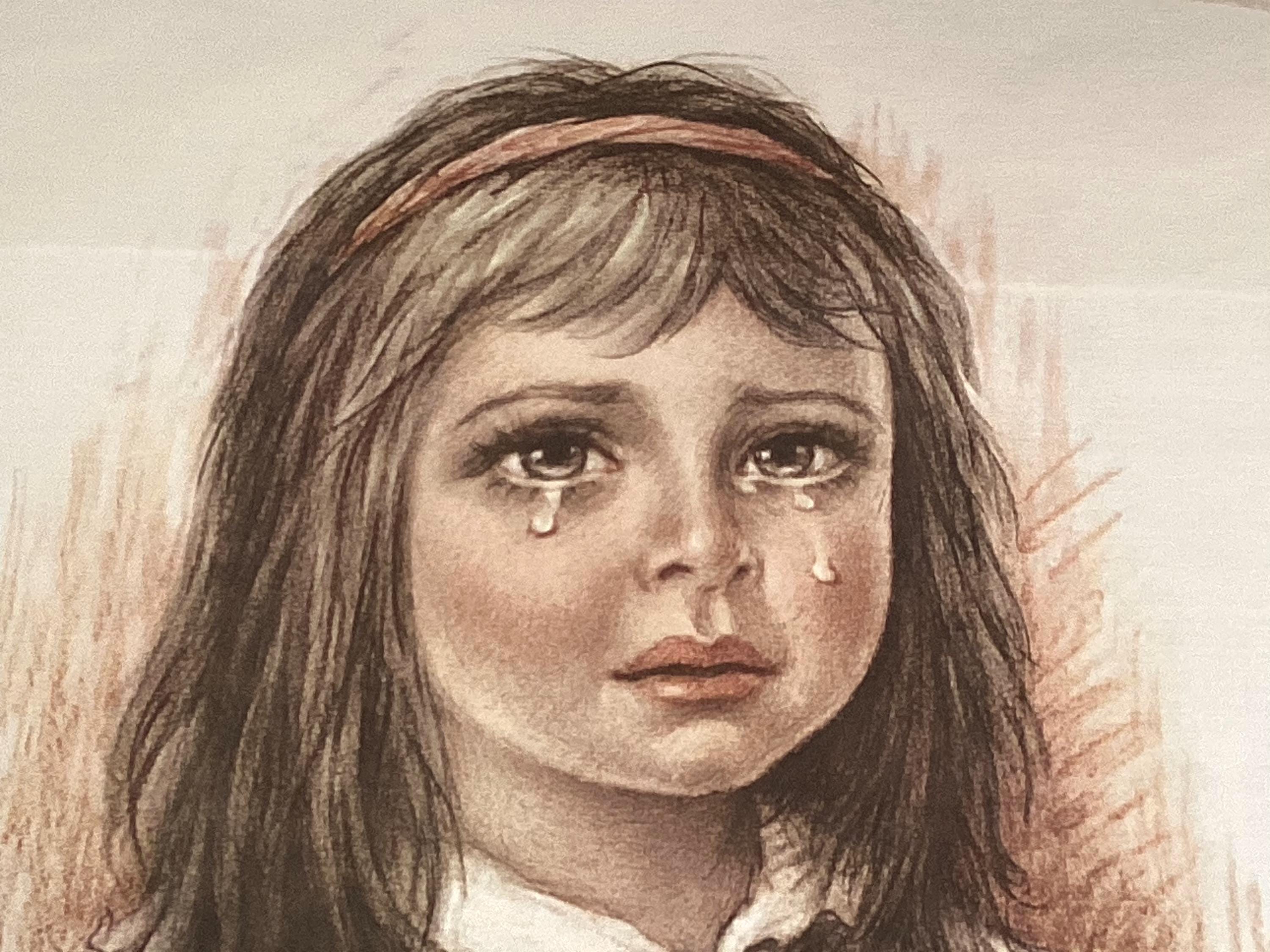 Vintage Italian Art | Giuseppe Tarantino 1970s Crying Girl Screenprint, Walnut Frame — photo 6 of 9