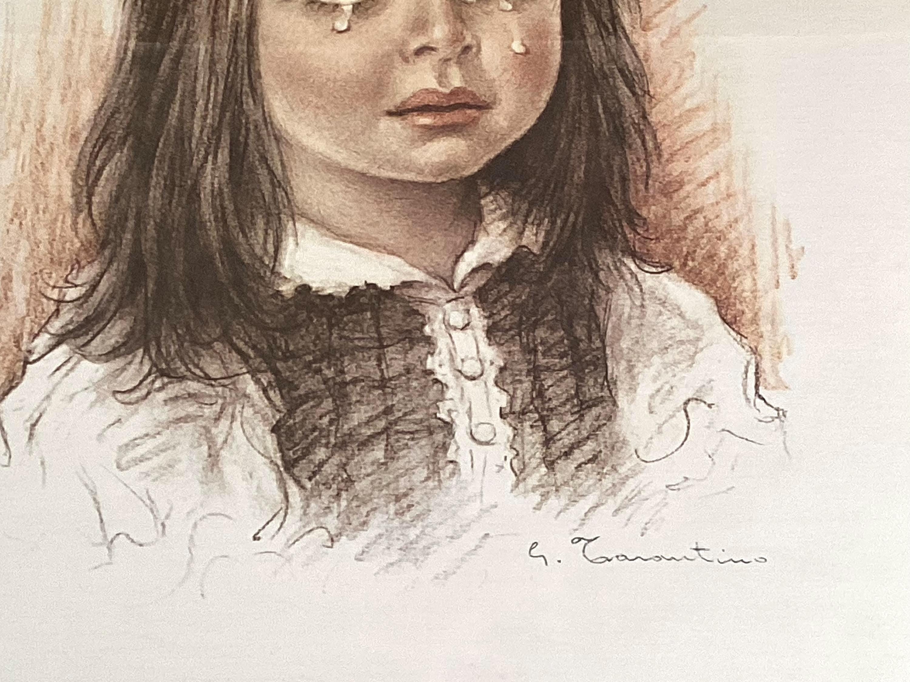 Vintage Italian Art | Giuseppe Tarantino 1970s Crying Girl Screenprint, Walnut Frame — photo 7 of 9
