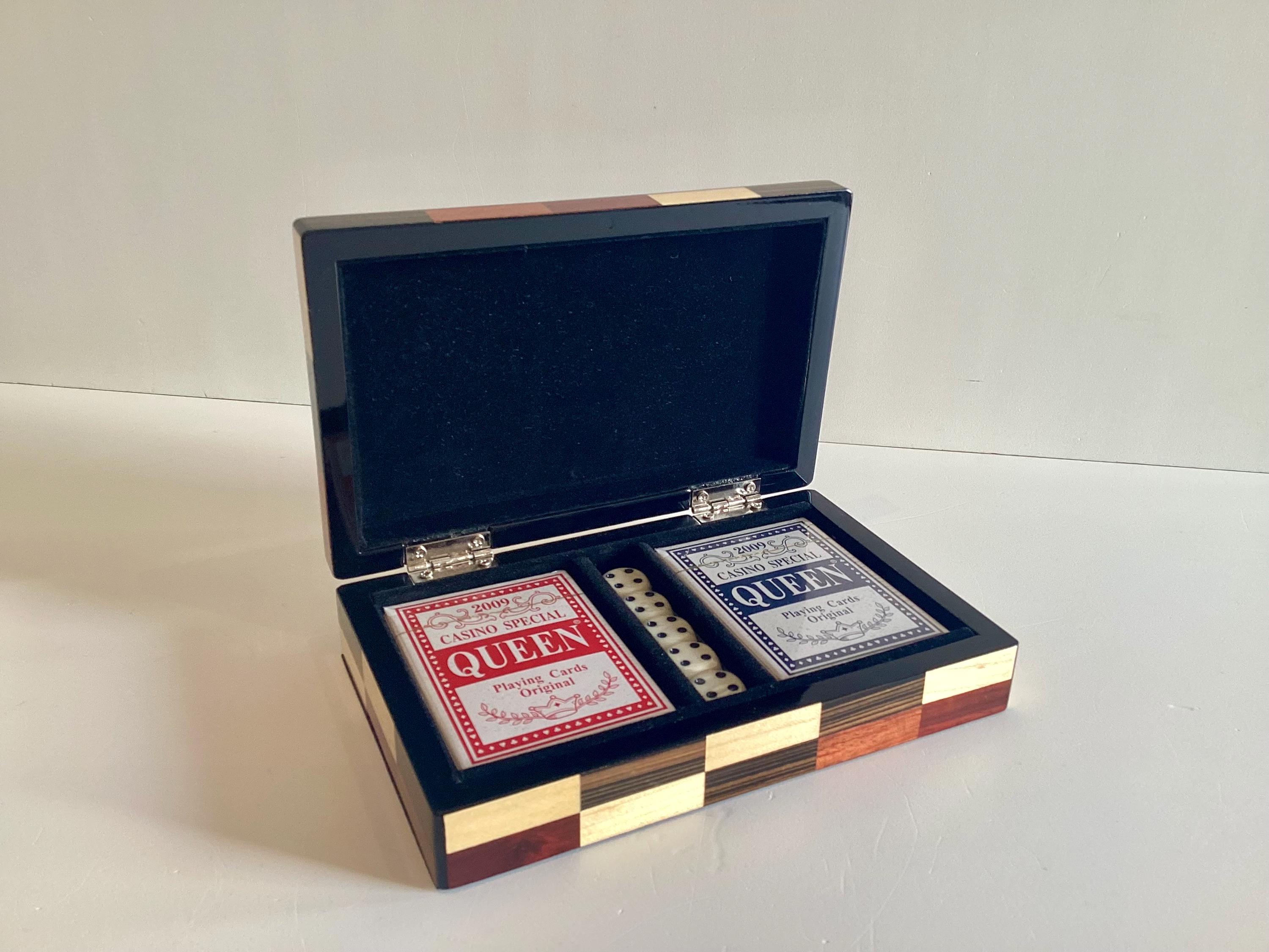 Vintage Casino Box | Fine Wood Inlay Set, Sealed Playing Cards and Dice Collection — photo 2 of 7