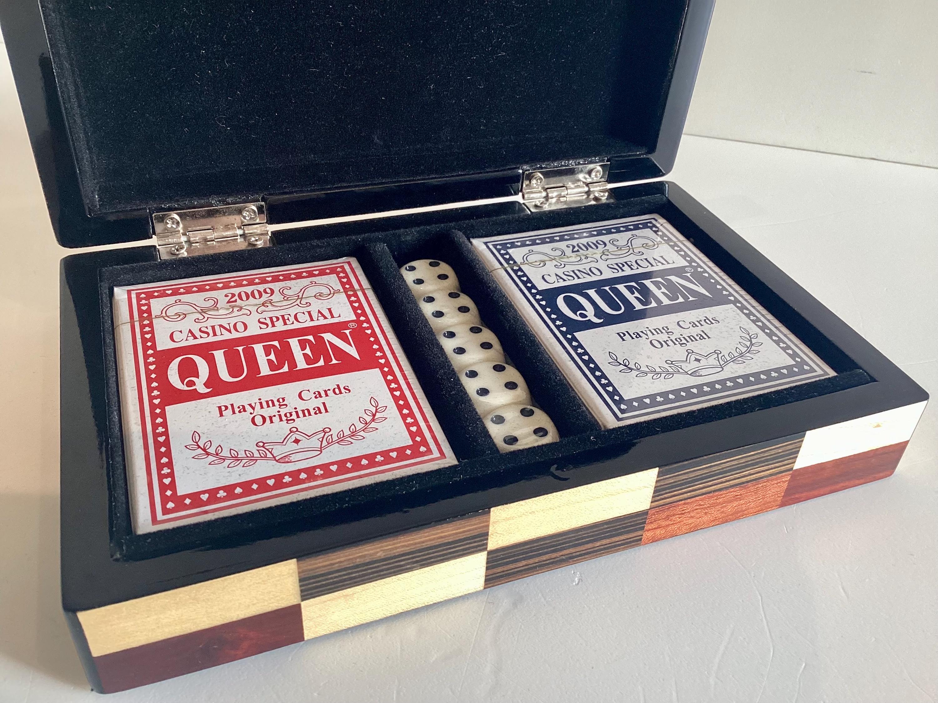 Vintage Casino Box | Fine Wood Inlay Set, Sealed Playing Cards and Dice Collection — photo 4 of 7