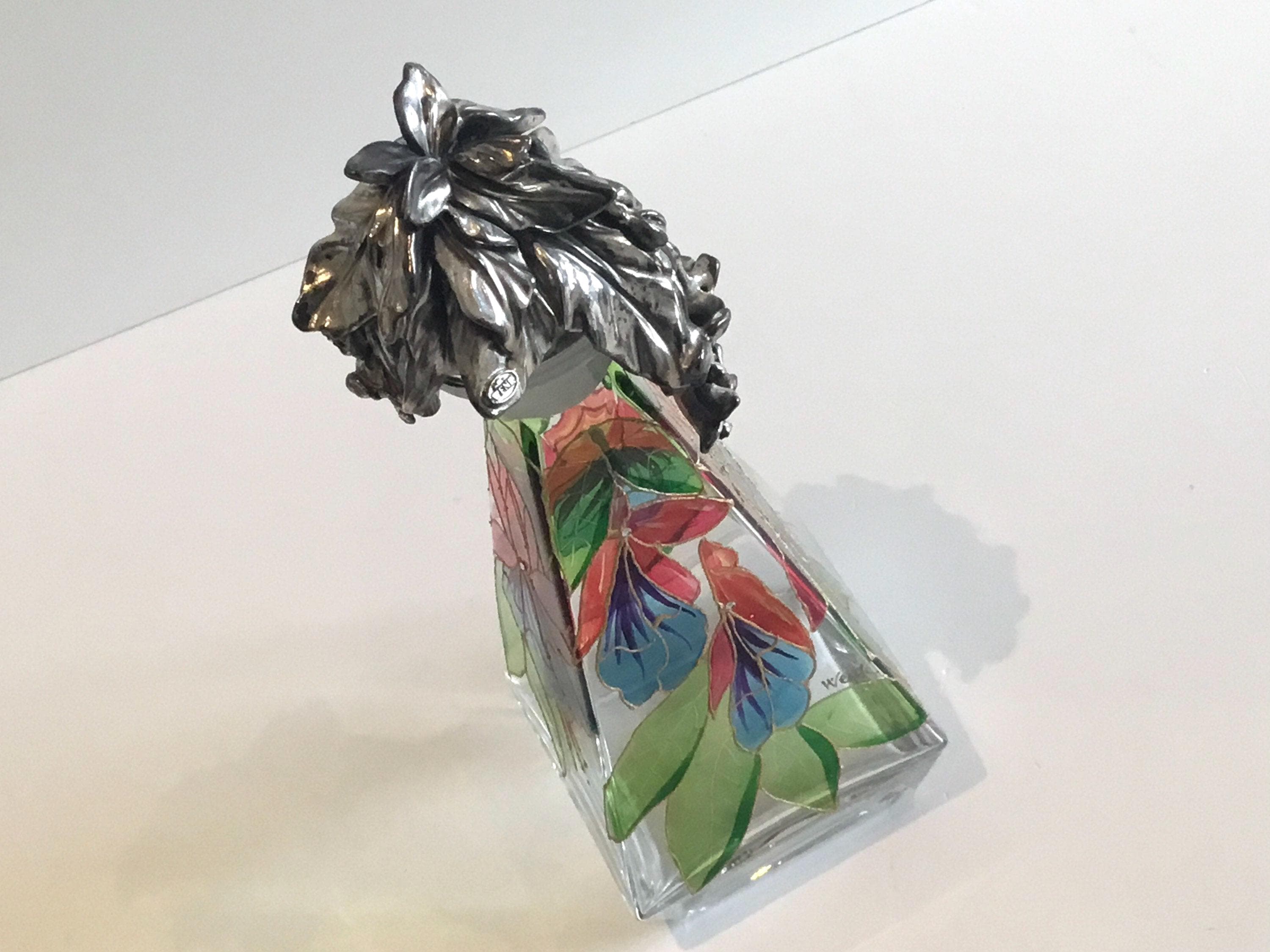 Vintage Italian Glass | 1960s Wenk Signed Bottle, Hand Painted with Crystal & Silver Cap — photo 2 of 11